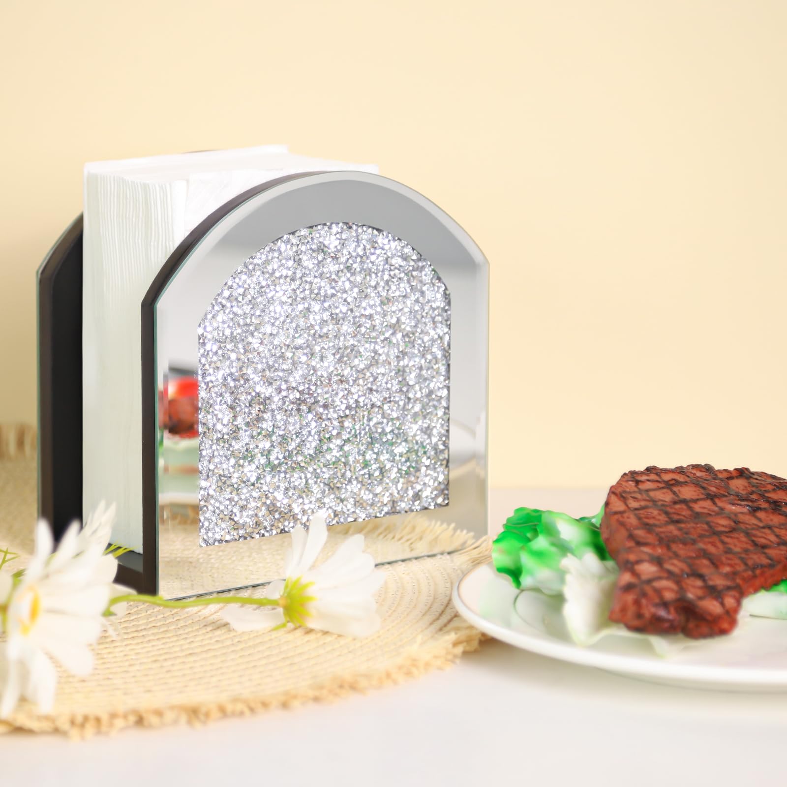 Servilletero de espejo con diamante triturado, diseño de cristal brillante para mesa de comedor, encimera de cocina, elegante decoración del hogar, elegante accesorio de mesa
