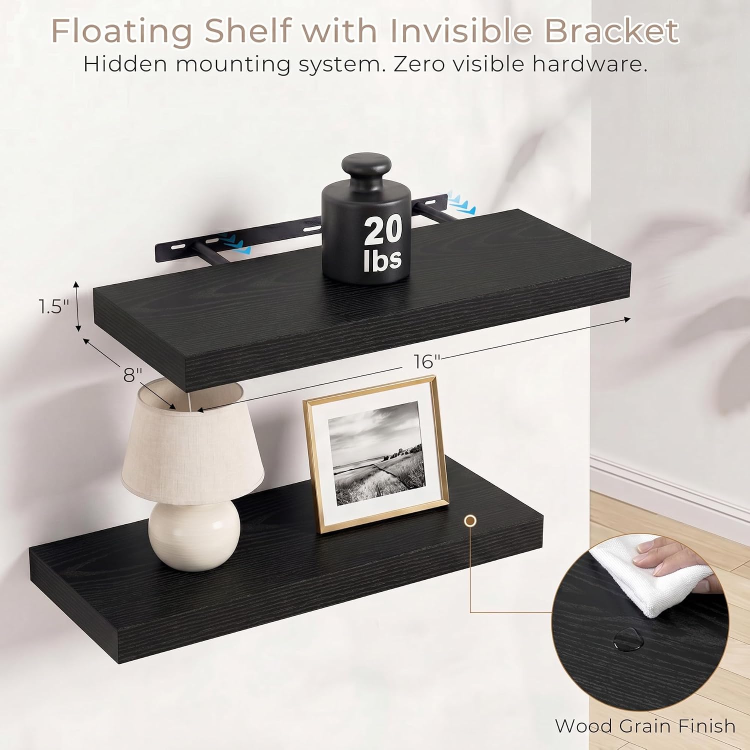 Vivelove 8 Inch Deep Floating Shelves Black, 16 x 8, Set of 2 | Invisible Brackets, Easy Mount Shelf with Hardware Kit, Engineered Wood, for Bathroom Bedroom Living Room Kitchen
