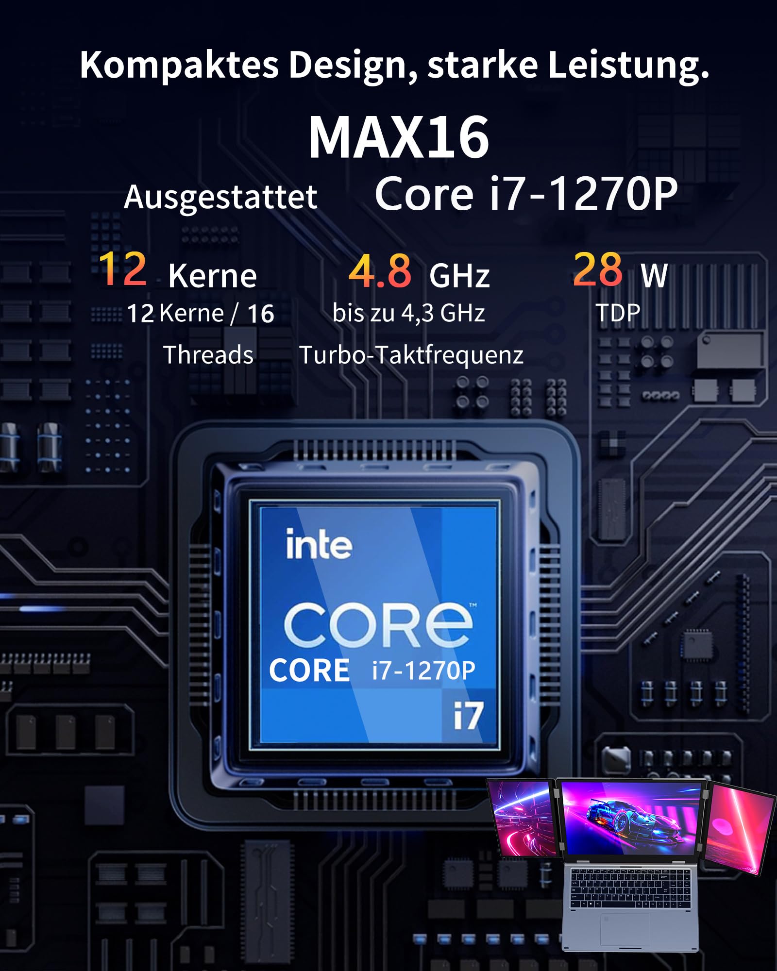 KOOFORWAY Laptop mit 3 Bildschirmen,16" Hauptdisplay+2x10,5",Core i7-1270P
