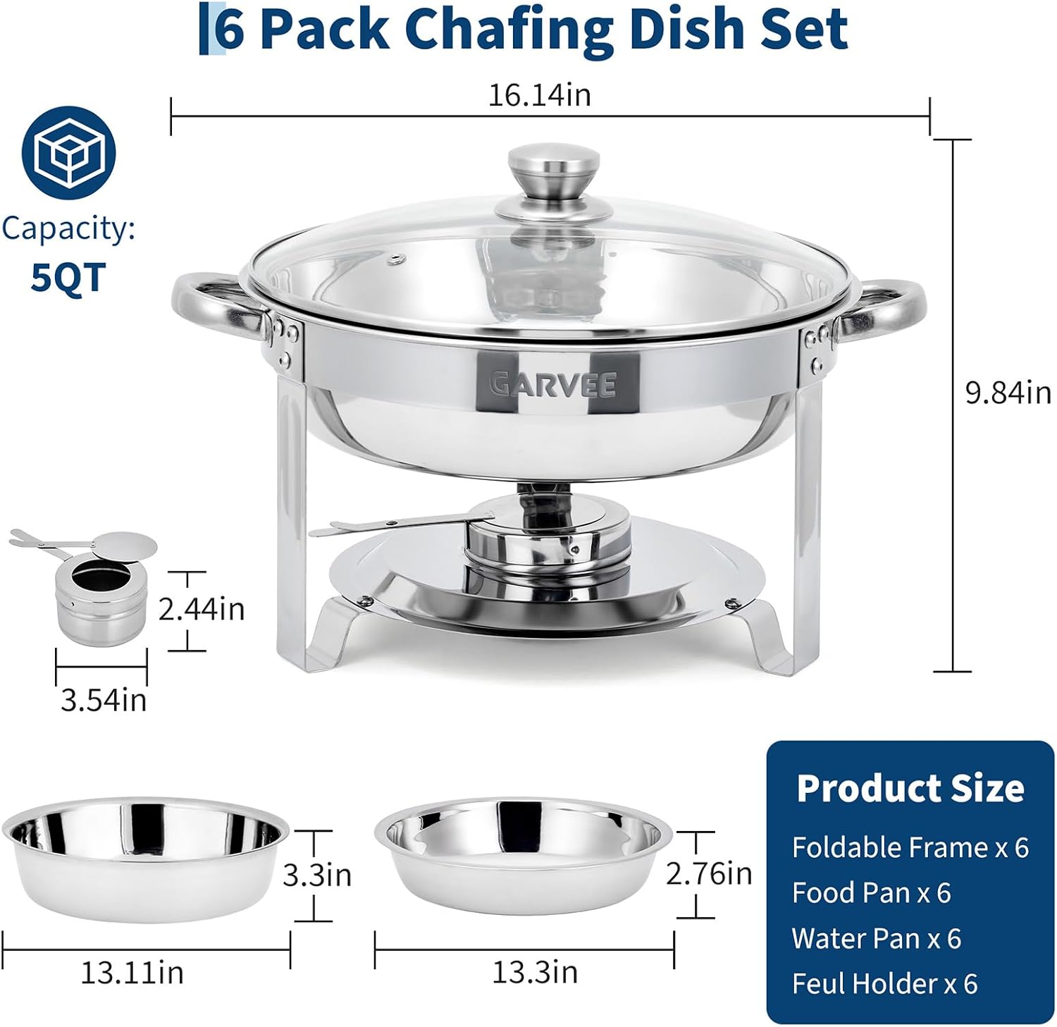 Garvee Round Chafing Dishes for Buffet, Stainless Steel Chafing Dish Buffet Set with Glass Lid, Food & Water Pans, Food Warmers Set with Fuel Holder for Weddings Parties Catering Events