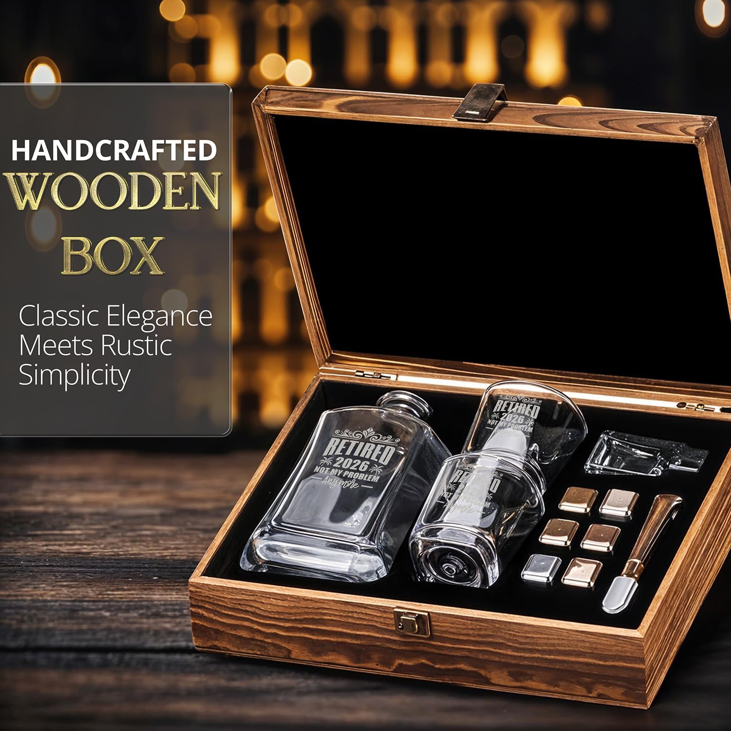 Retired 2026 Not My Problem Anymore Whiskey Decanter Gift Set – 23 oz Liquor/Bourbon Decanter with Glasses, Whiskey Stones, Coasters & Tongs – Premium Whiskey Gift for Retirement, Retiree