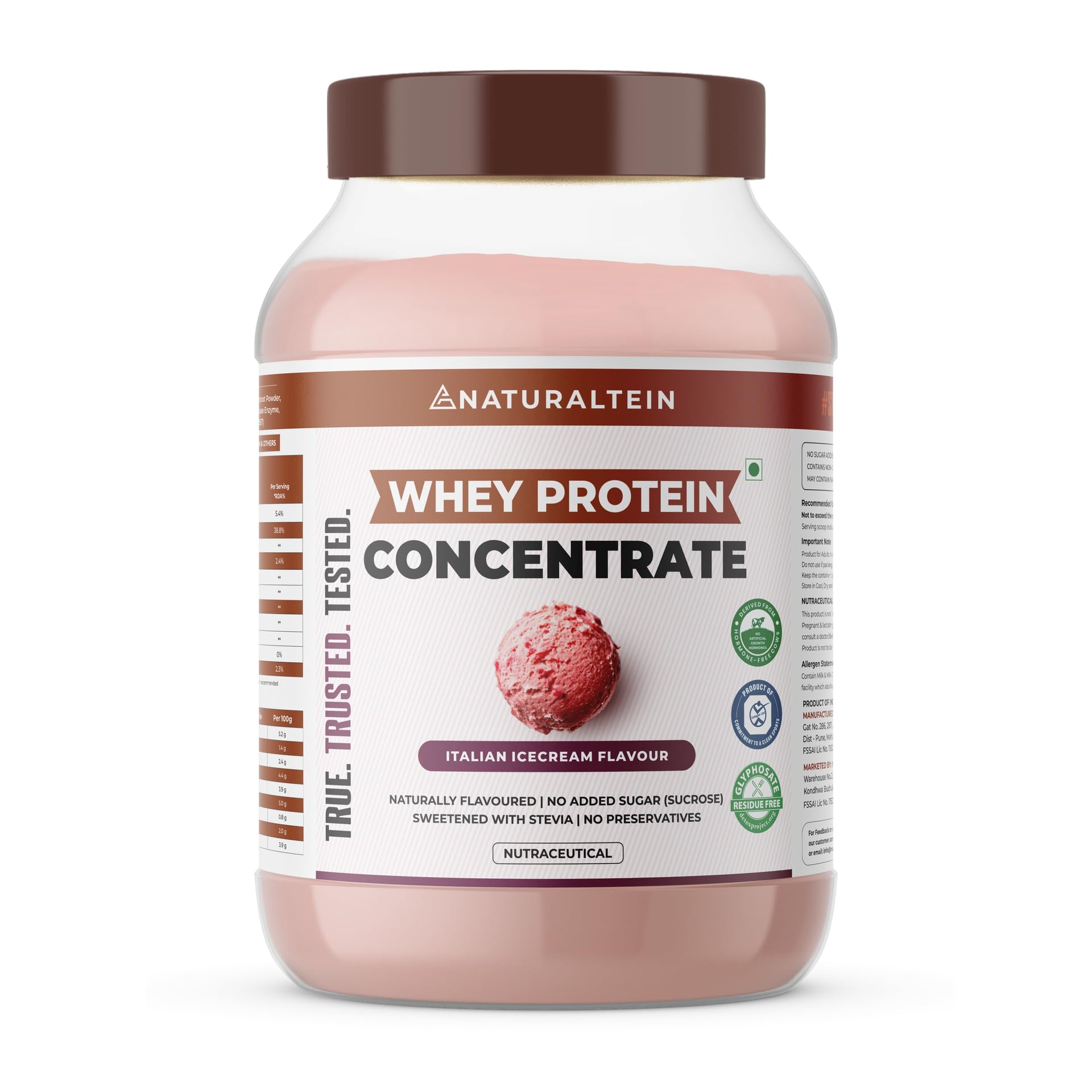 NATURALTEIN Natural Whey Protein Concentrate Italian Ice Cream – 1 kg | 21.1 g Protein per Serving | Naturally Flavoured | No Artificial Sweeteners | Soy-Free, Gluten-Free & Easy to Digest