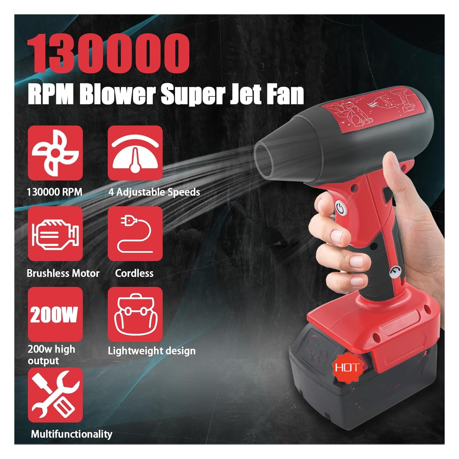 Mini souffleur à jet d'air sans fil 130 000 tr/min compatible avec batteries Milwaukee M18 18 V avec contrôle à 4 vitesses pour le nettoyage de la poussière de voiture, le nettoyage des feuilles de