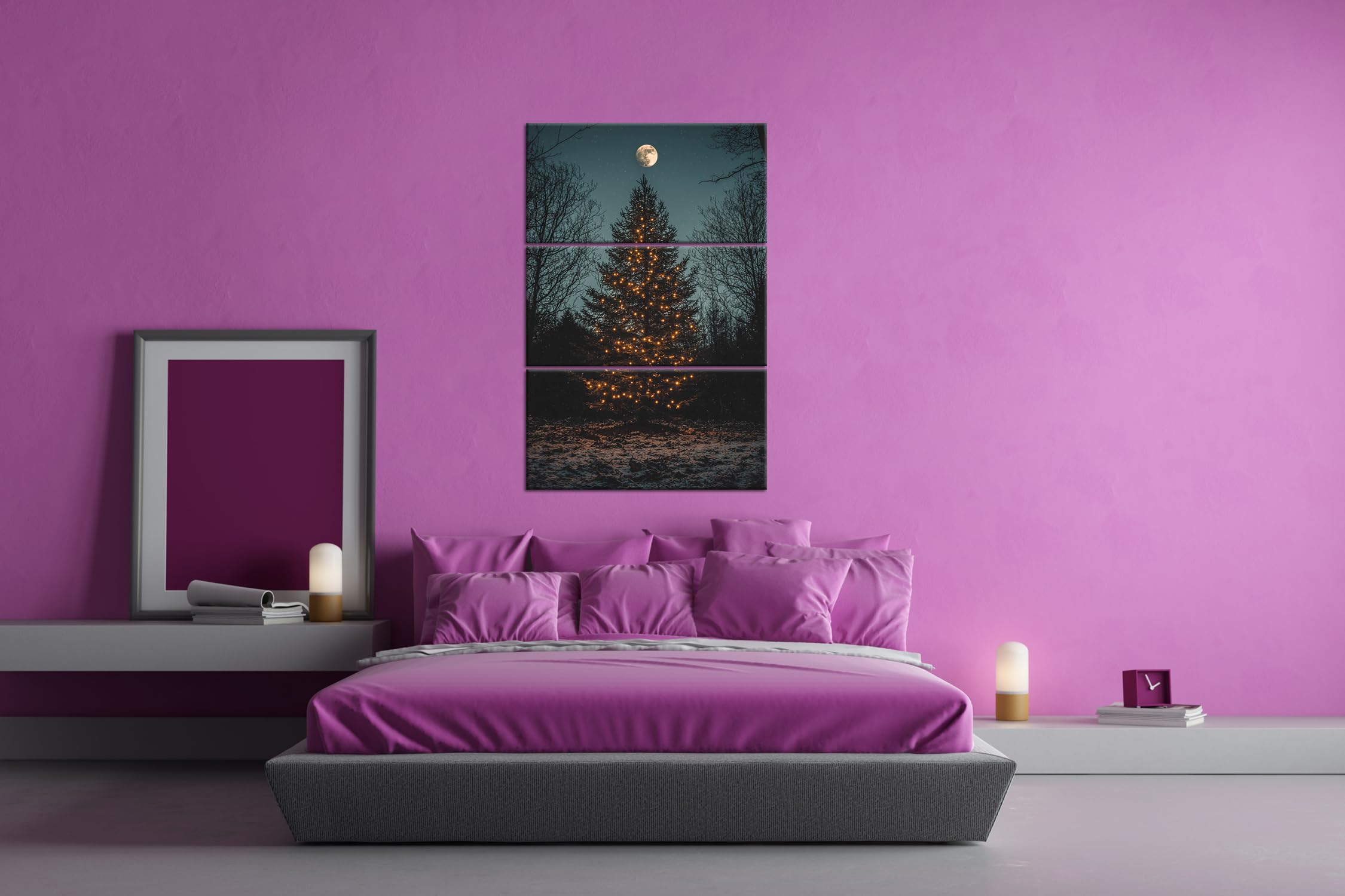 Sapin de Noël brillant sous la pleine lune pendant la nuit d'hiver Format : 120 x 80 cm (3 pièces) Impression d'art XXL sur cadre en bois/peinture murale/décoration de salon