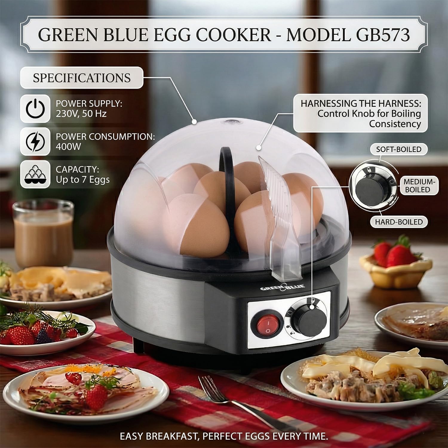 Cuociuova automatico GreenBlue, potenza 400W, fino a 7 uova, misurino, 220-240V~, 50 Hz, GB573 Bollitore per Uova, Regolazione della durezza delle uova