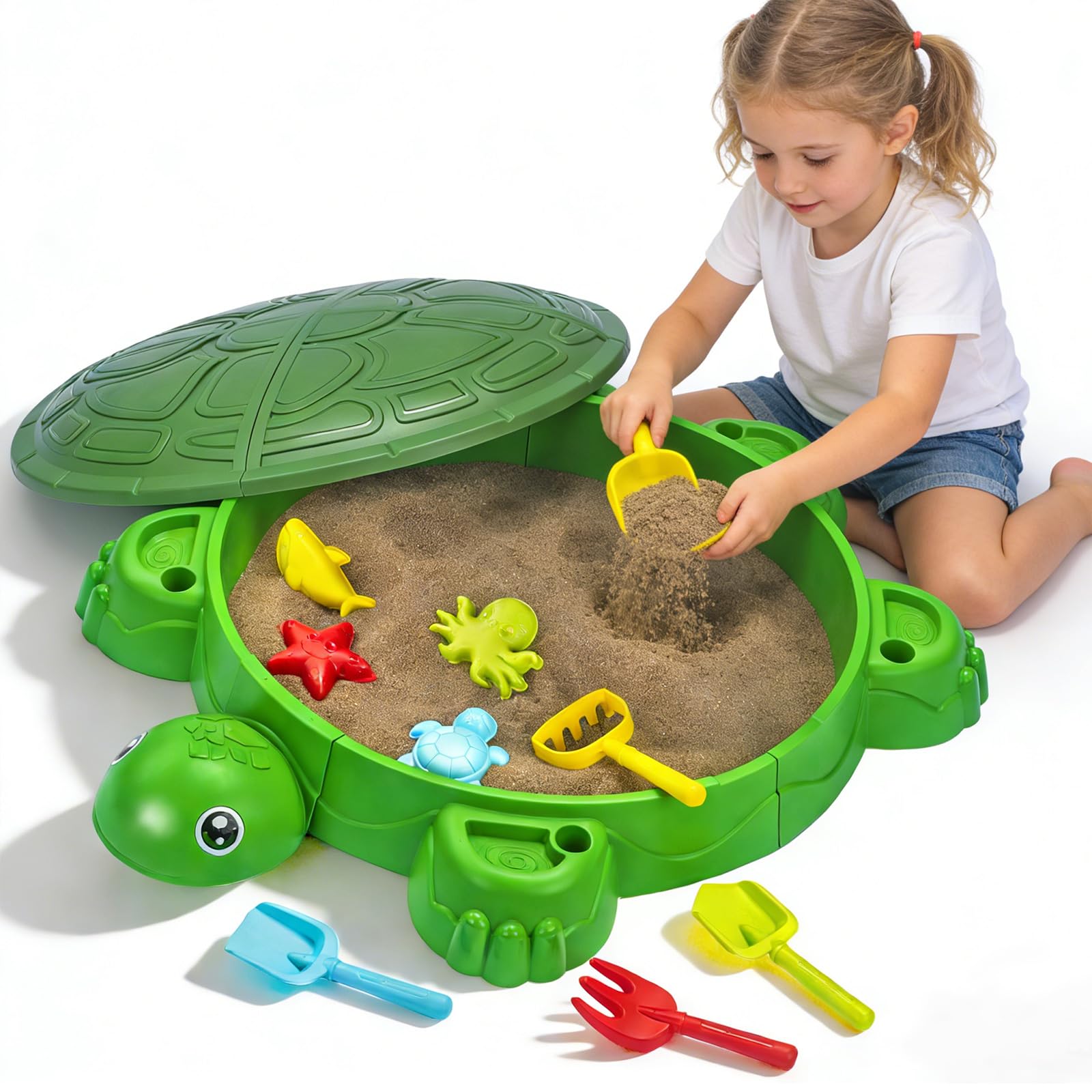 Photo 1 of **MISSING LID** ZACEAC Turtle Sandbox with Lid & Beach Toys Set, 38" Kids Sandbox for Toddlers 3-8, Indoor Outdoor Sensory Play Sand Box with Cover, Summer Gift for Ages 3-8