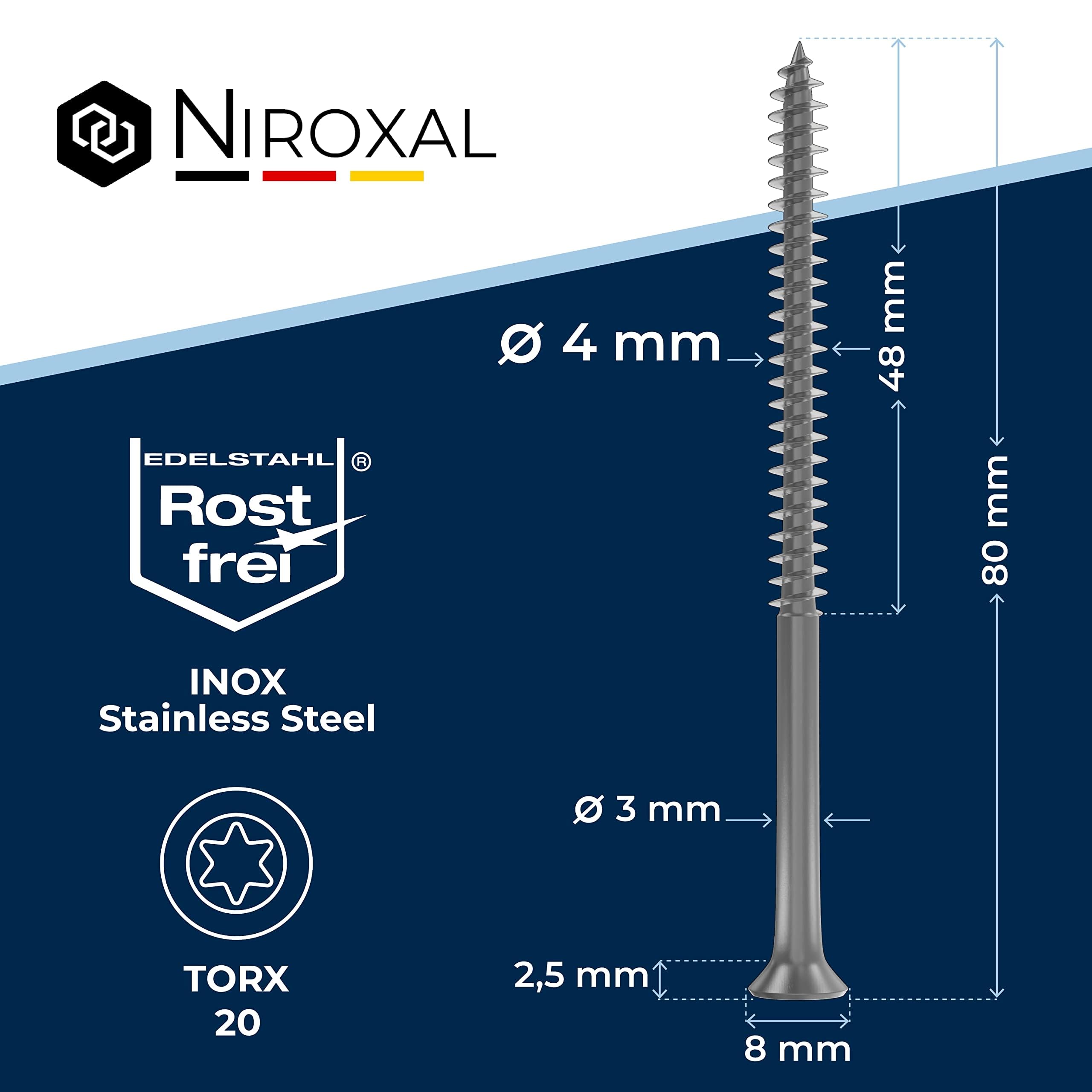Schrauben Torx Edelstahlschrauben 4x80 Edelstahl V2A rostfrei Spanplattenschrauben für Holz Teilgewinde 4mm stark 80mm lang 800 Stück Holzschrauben Holz A2