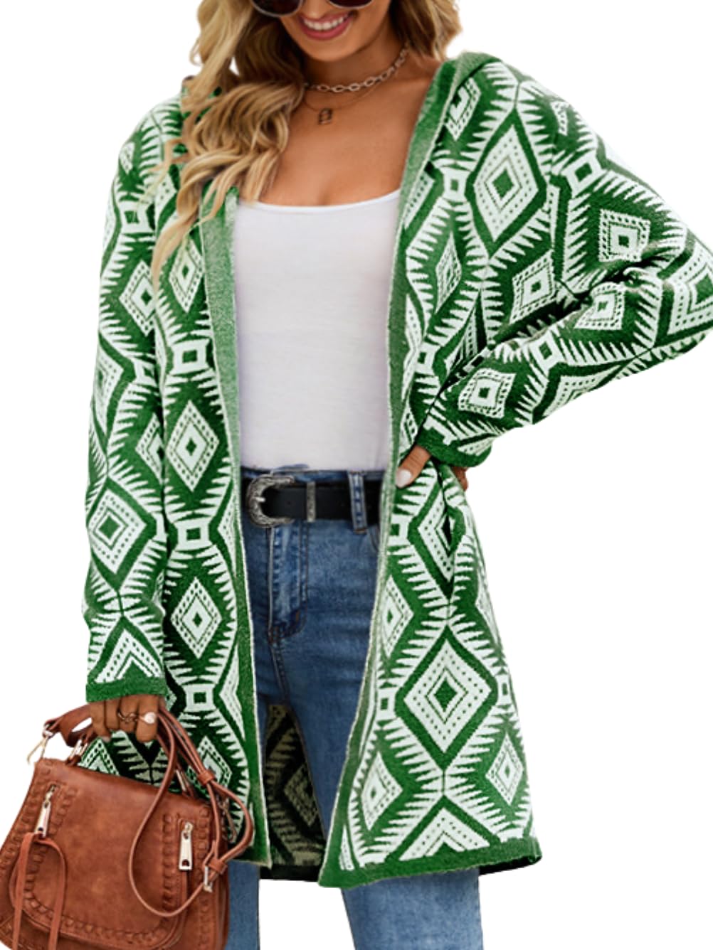 Womens Aztec Hooded Long Cardigan Open Front Boho Western Knit Sweater Coats for Fall Winter