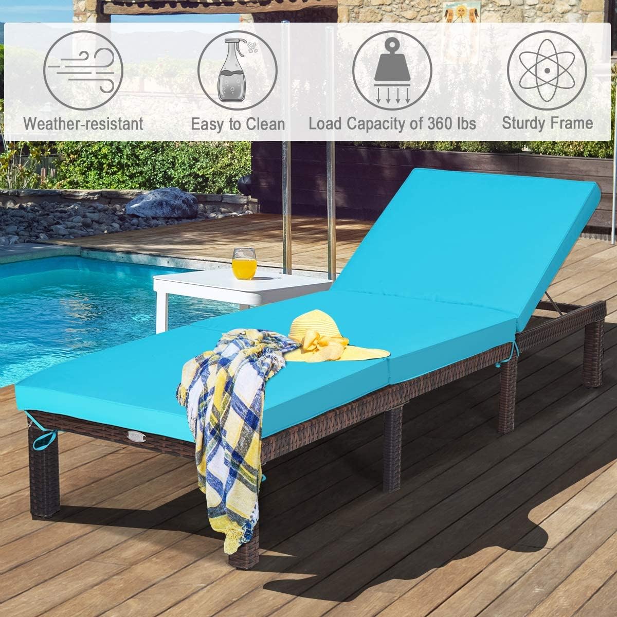 Tangkula Rattan Wicker Chaise Lounge Chair, Outdoor Patio Lounger Recliner Chair w/Adjustable Backrest, Heavy-Duty Reclining Chair Sunbed w/Thick Zippered Cushion for Garden Yard Patio (2, Turquoise)