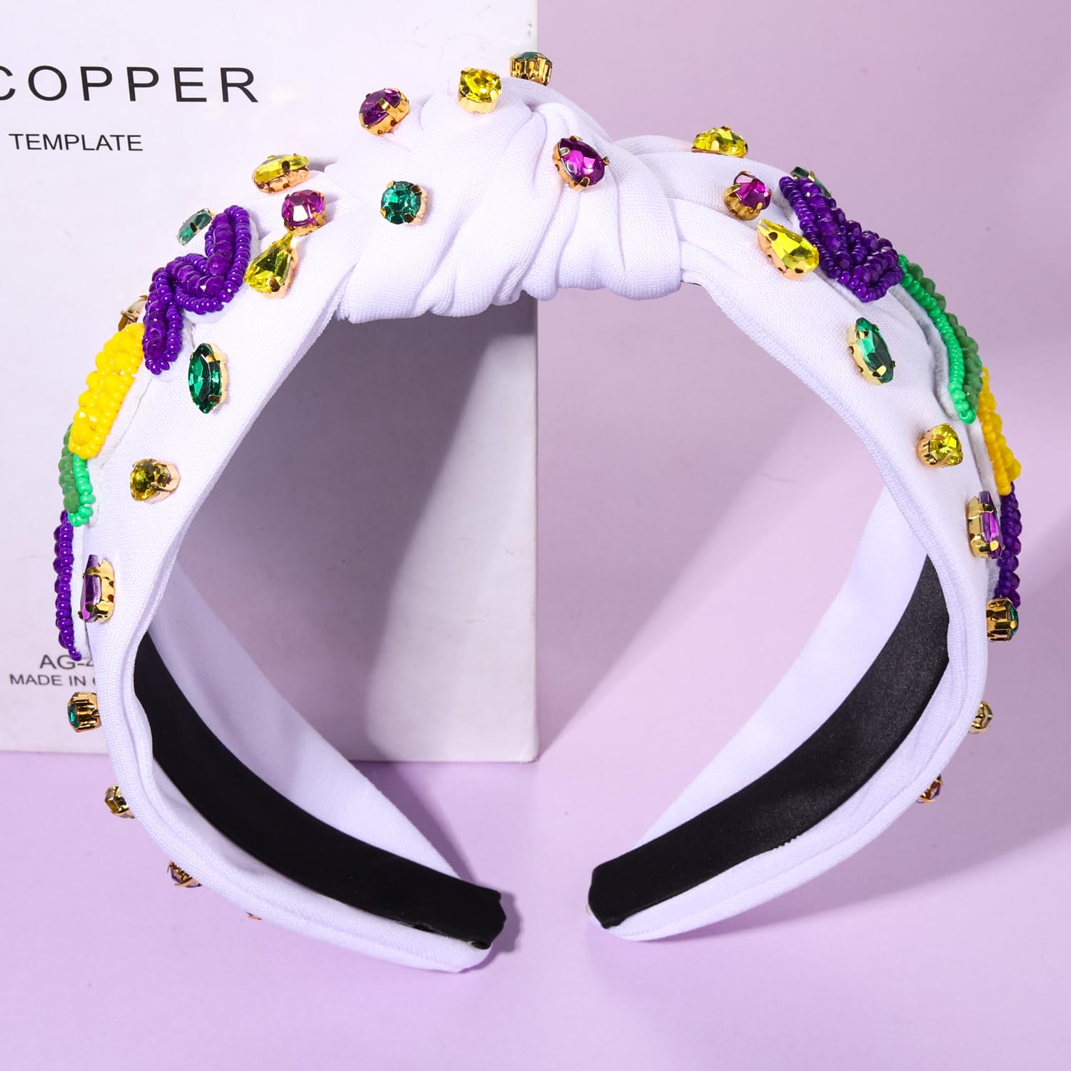 NVENF Mardi Gras Headband Accessories for Women Fleur De Lis Headbands Rhinestone Pearl Jeweled Knotted Headband Fat Tuesday Parade Party Favors Gifts (Bead NOLA White) - Image 3