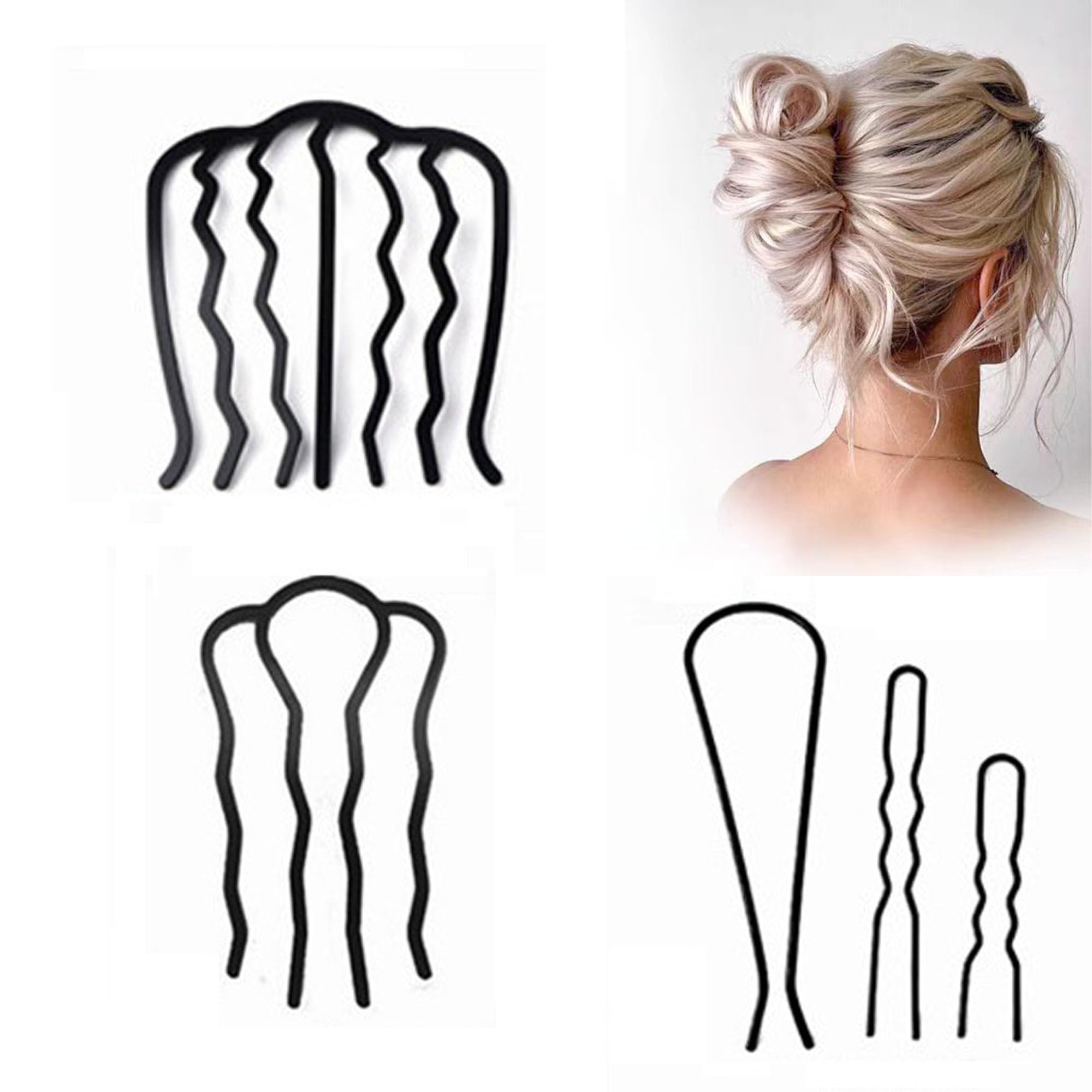 BLOOPIC 夜会巻きコーム ヘアフォーク 5個 U字型ヘアクリップ かんざし メタルヘアサイド コーム やかいまき 金具 見えない前髪コーム Uピン 髪飾り スタイリング用 女性ドレス 和装 浴衣 着物 和服 成人式 卒業式 結婚式 （ブラック）