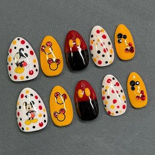 24Pcs Cute Press on Nails Short Almond Fake Nails Cartoon Acrylic Nails with Rhinestones Red Yellow Black Polka Dots False Nail Set Cute Cartoon Full Cover Glue on Nails for Women Nail Decorations