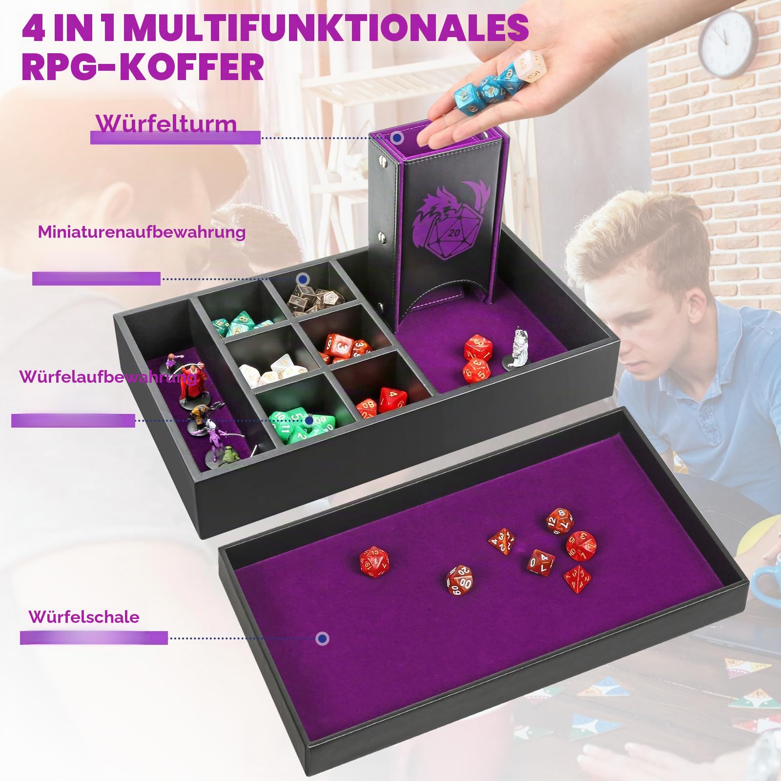 dnd würfel aufbewahrung Dice Tray & Tower Storage Box, 4 in 1 D&D Holder Case Aufbewahrungsbox (Dice Rolling Tray, Würfel Roller Tower, Miniature Storage), Große RPG Zubehör Geschenke für Dungeons and Dragons Variante:Box grün 
