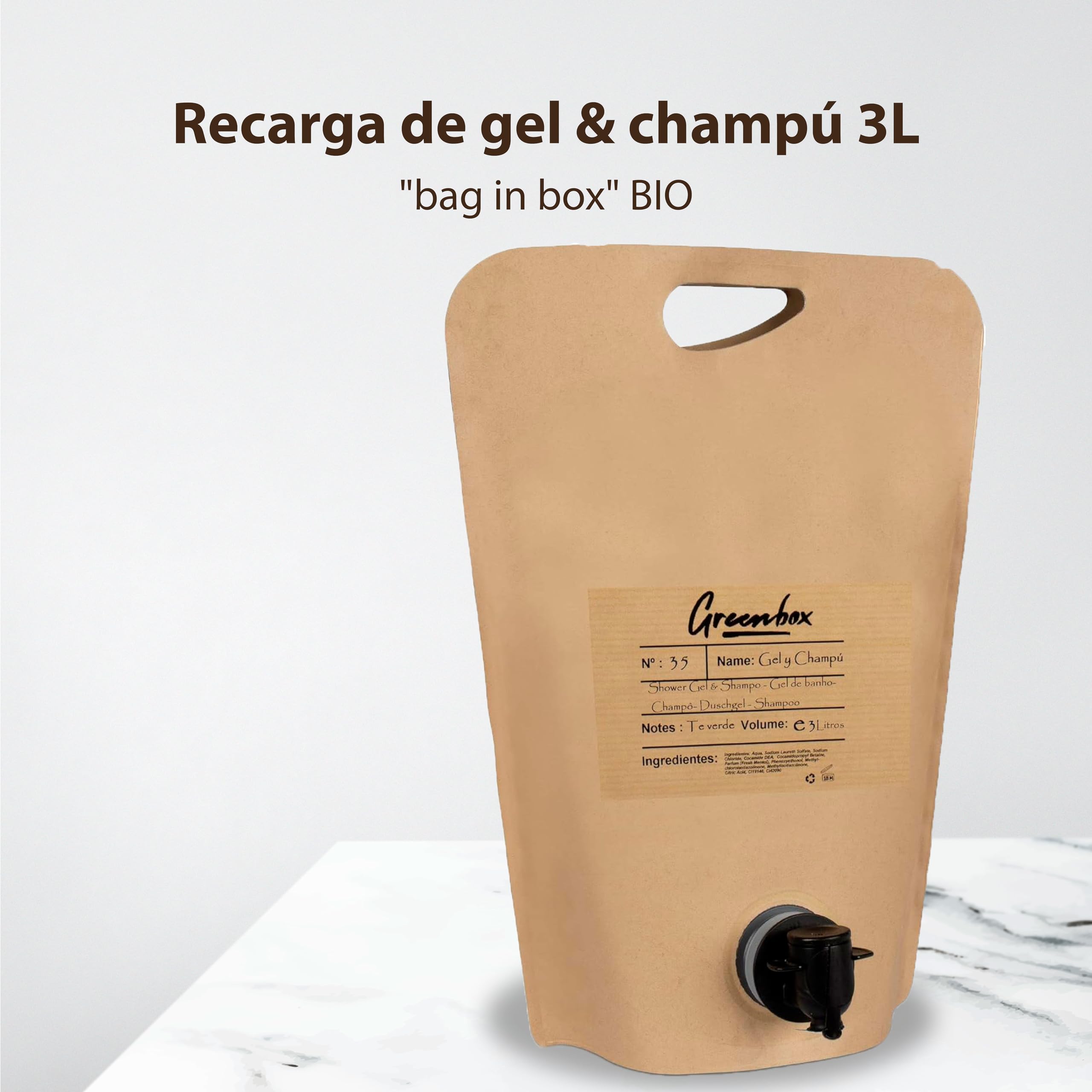 Ricarica gel e shampoo in "bag in box" BIO - Gel doccia e shampoo 2in1 con aroma di tè verde, 3L. Imballaggio ecologico e maniglia per il trasporto. Risparmia denaro e aiuta l'ambiente.