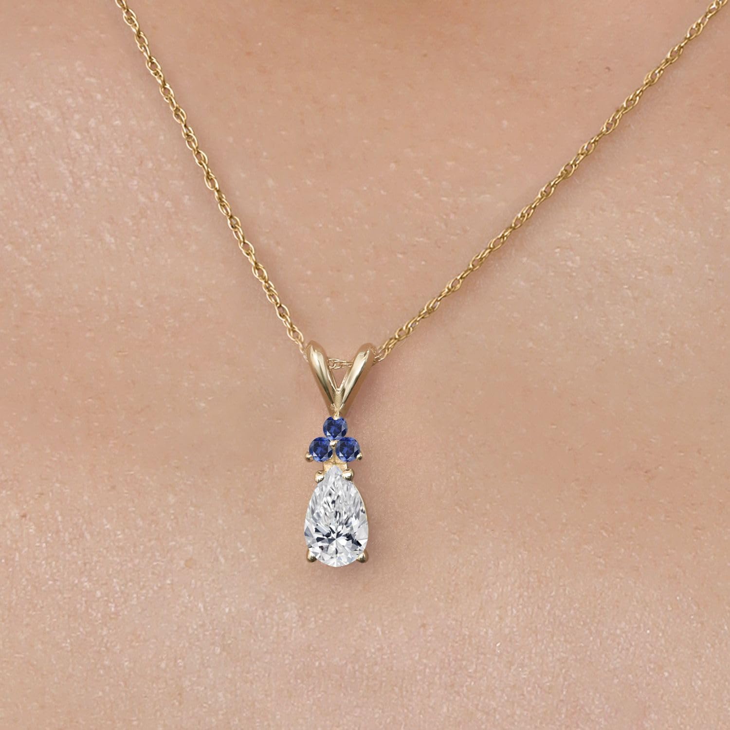 Gem Stone King 14K Yellow Gold DEF Lab Grown Diamond and Blue Created Sapphire Pendant Necklace for Women | 0.58 Cttw | Gemstone April Birthstone | Pear Shape 7X5MM | With 18 Inch Chain - Image 3