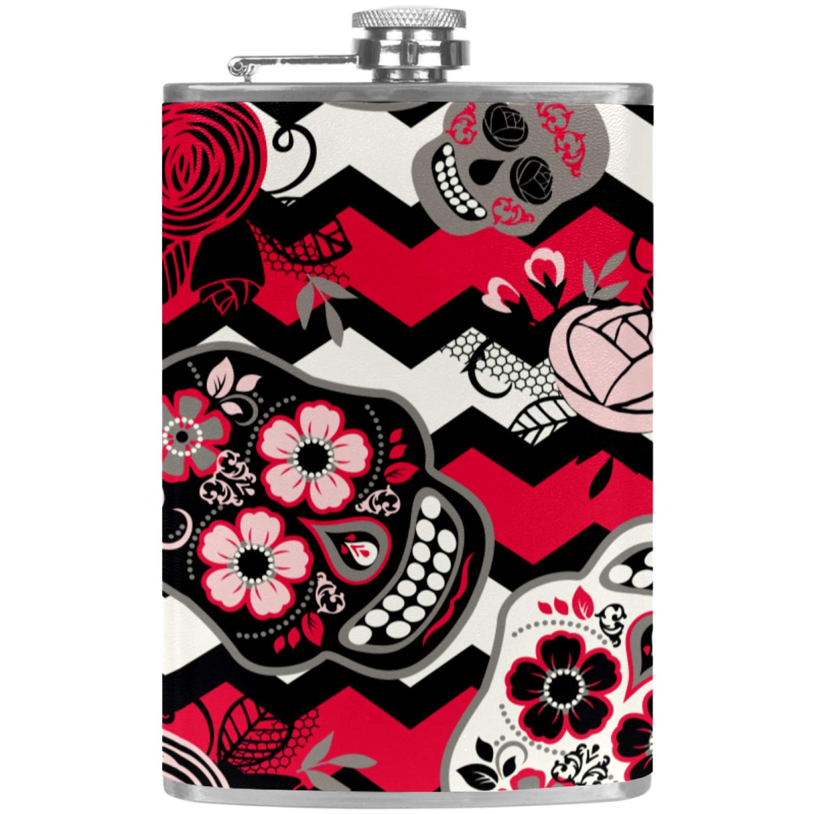 Flasque à whisky en cuir avec entonnoir motif crânes floraux