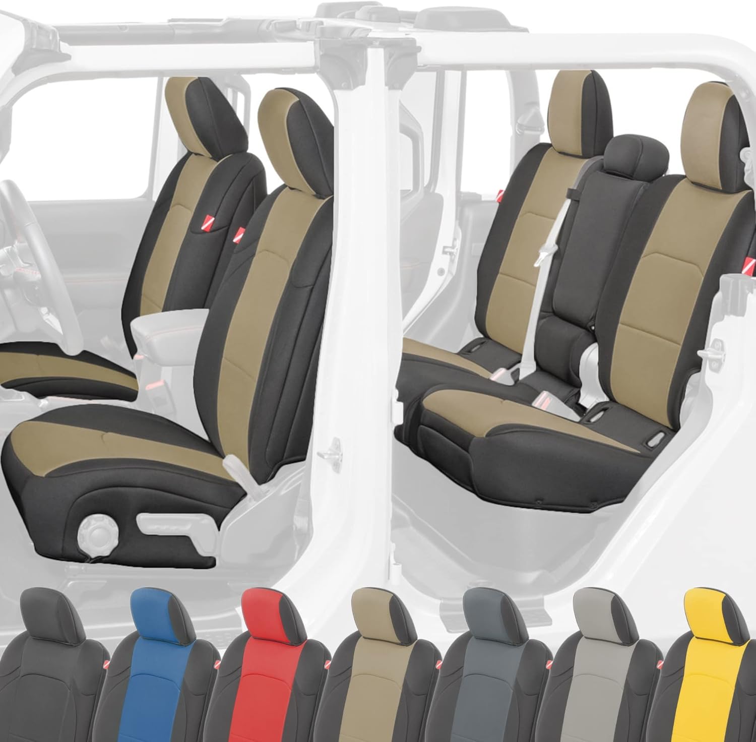 Diver Down Neoprene Seat Cover Set - Fits Jeep Gladiator JT 2020-2025 - Custom Fit Jeep Gladiator Seat Covers - Soft Padded Cushion - Does Not Fit 2024+ Power Seats (Tan, Fits Leather Seat Models)