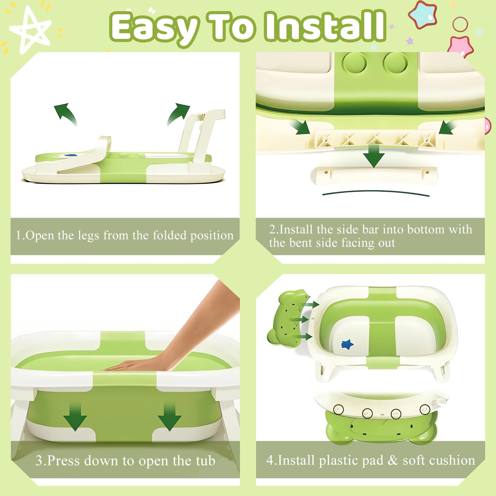 Baignoire Bébé Pliable avec Coussin de Bain et Thermomètre Intégré, Bouchon d'Évacuation, Vert Ours