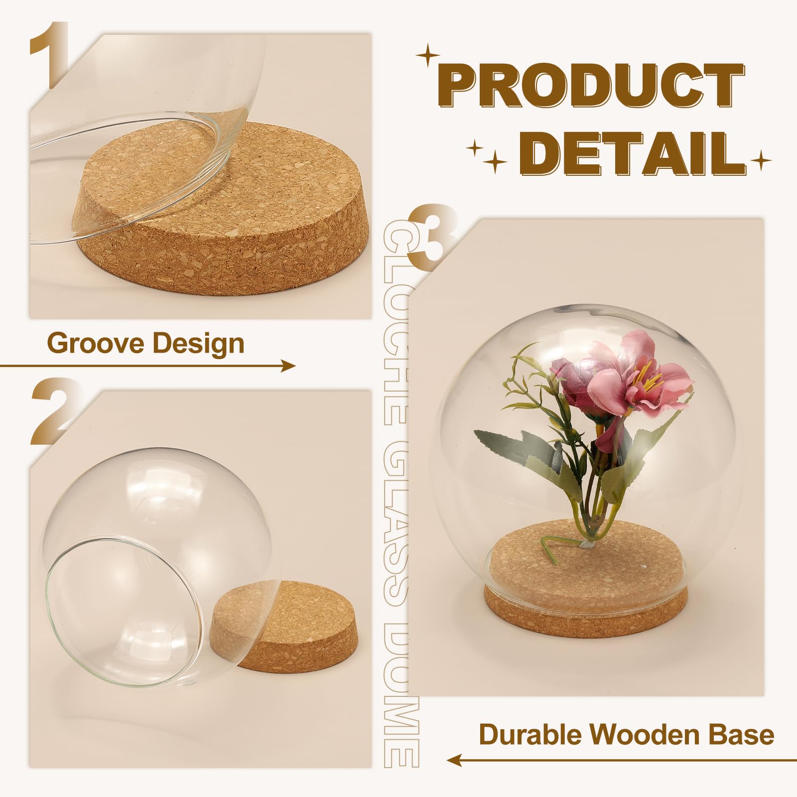 QUARKZMAN Cloche Ronde En Verre Dôme, 7.9" x 5.9" Cloche En Verre Décorative Avec Base Brun Clair Pour DIY Fleurs Artisanat, Spécimens Collection Plantes Protection Contre La Poussière