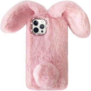 Bonitec Compatible with iPhone 14 Pro Rabbit Case, Bling Fur Case for Girls Luxury Cute Warm Handmade Rabbit Bunny Furry Fuzzy Fluffy Soft 3D Ear Hair Plush Ball Protective Case Cover for Women Pink