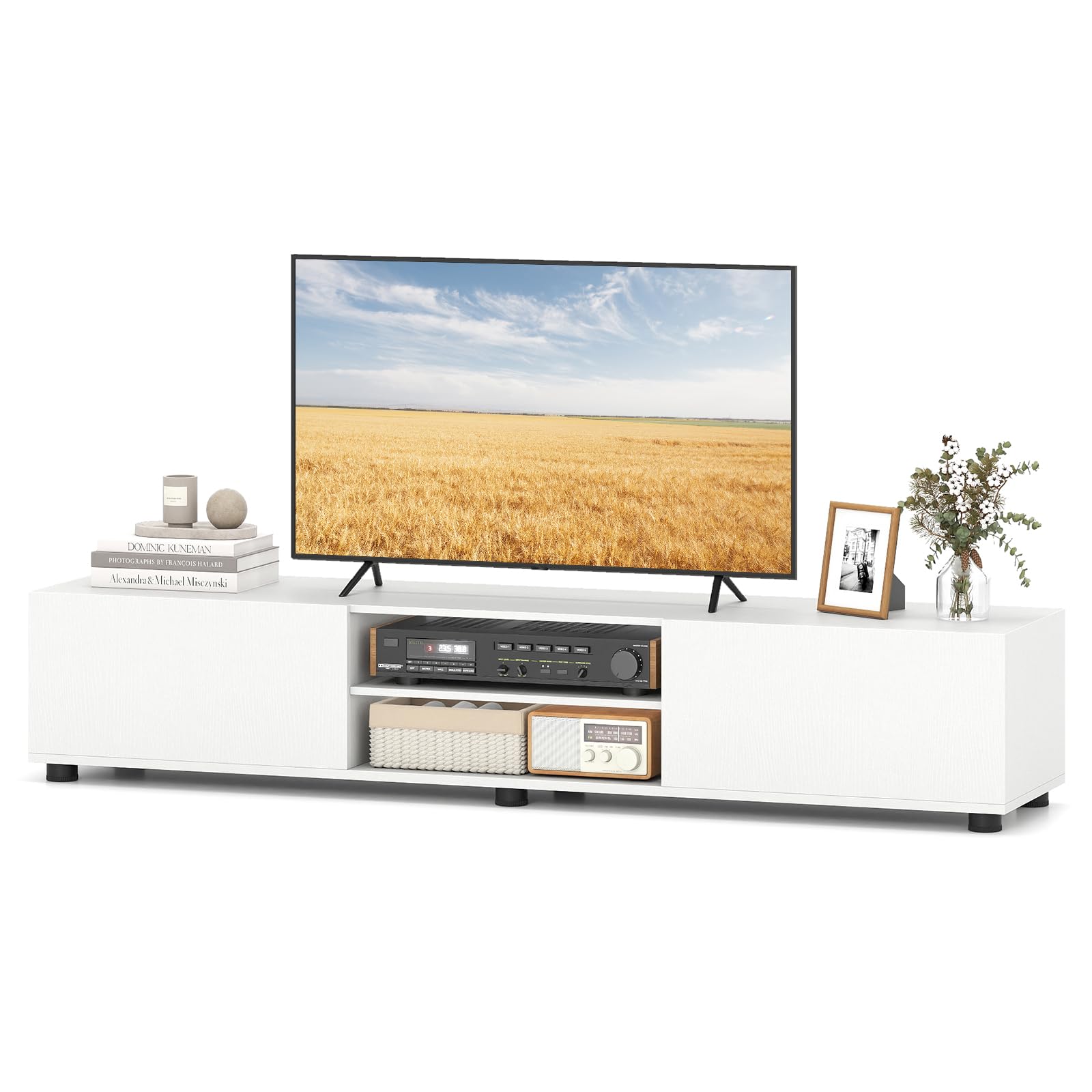 COSTWAY Mueble para TV de hasta 70 Pulgadas, 160x35x30 cm (Blanco) | Mesa de TV con Estantes Abiertos, Compartimentos, Puertas y 6 Patas de Apoyo,Centros Multimedia, Mueble Television para Salón