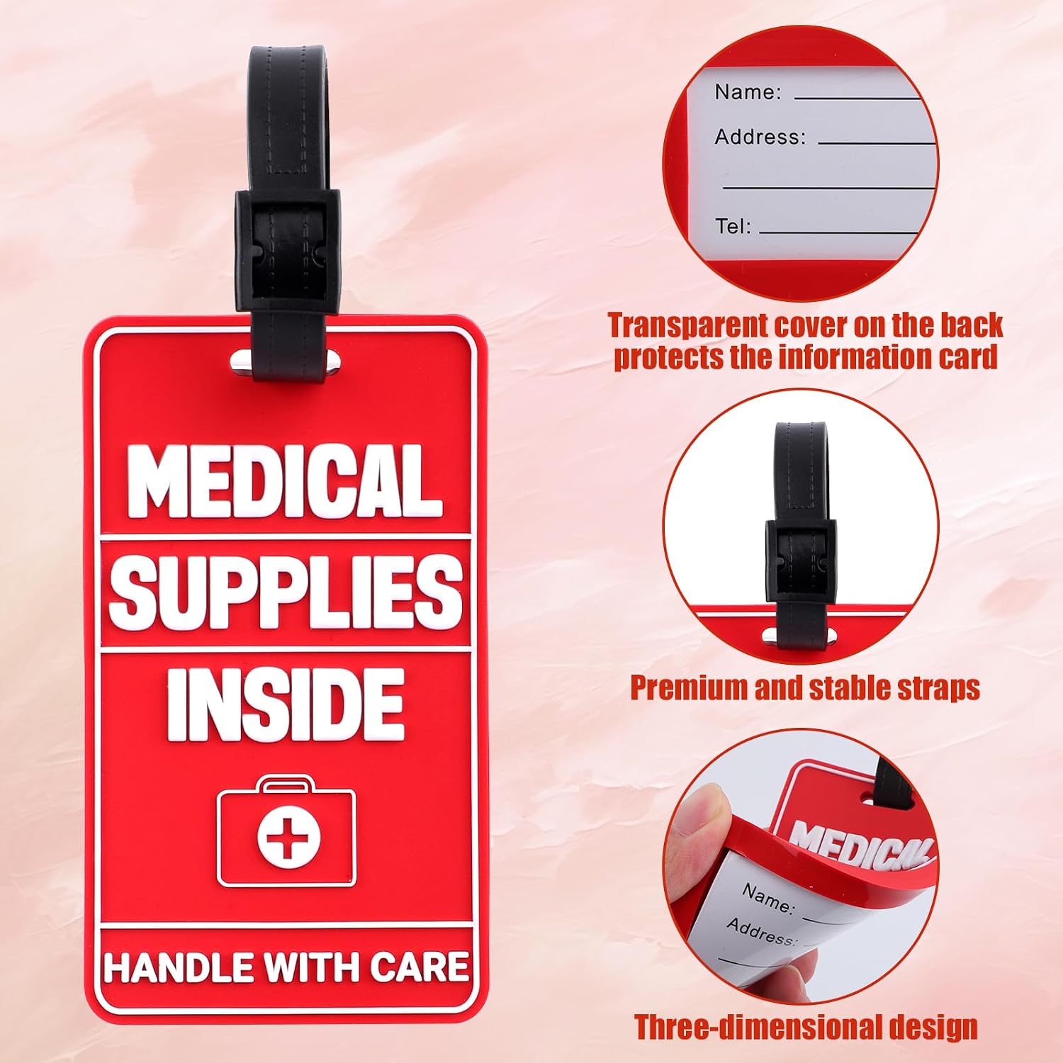 2pcs Medical Supplies Inside Tags, Three-Dimensional Design Medical Device Luggage Tag Handle with Care Information Cards & 2pcs Sturdy Straps for Various Travel Suitcases or Backpacks