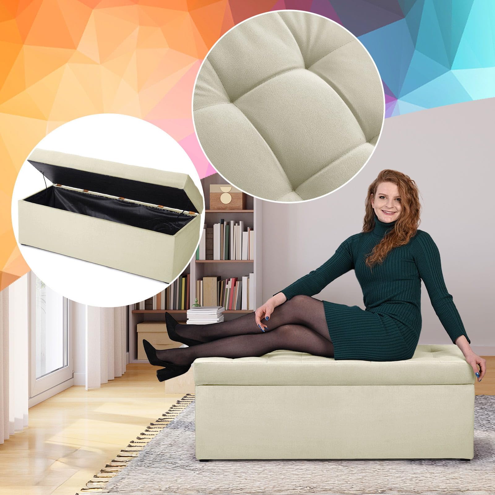 MG Design Pouf contenitore imbottito 45 × 120 cm Beige – capacità ca. 140 L, fino a 300 kg, struttura in legno massiccio, superficie opaca con trama fine, già montato e facile da pulire