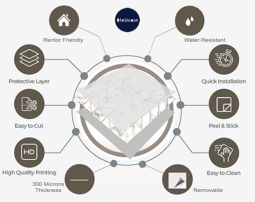 Miniatura 6 de Vinilo autoadhesivo para azulejos de mármol Wellington, para cocina y baño, resistente al agua y removibles, para cambio de imagen instantáneo (40,