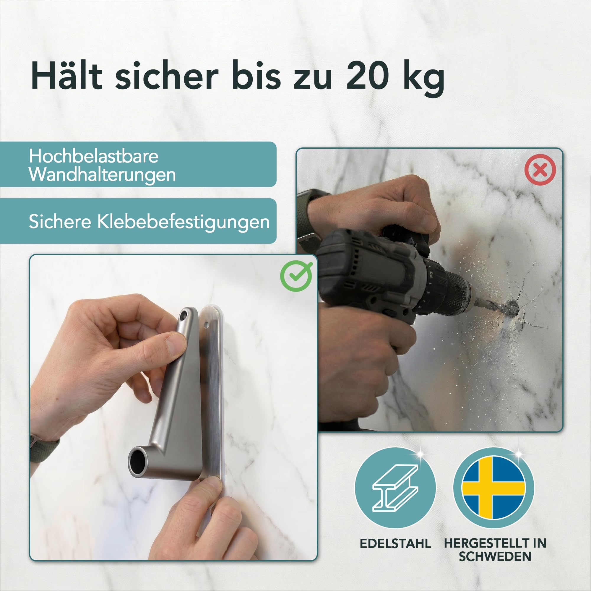 Erica Fissaggio adesivo per asta doccia che rende superfluo la perforazione di fori nelle piastrelle, adesivo i.Universal di i.Glue Systems incluso