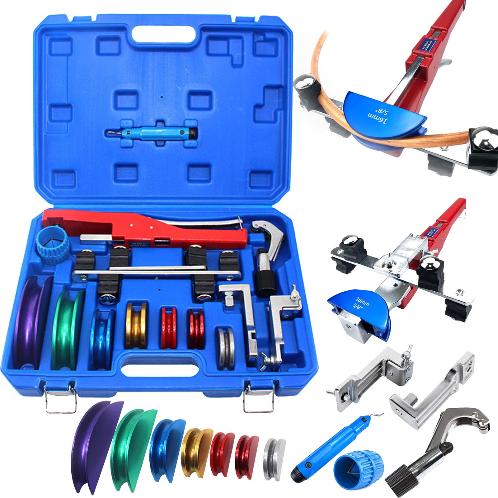 Dobladora Tubos, Dobladora Tubos Con Trinquete 7 Troqueles Herramienta Para Doblar 6-22 Mm Juego Herramientas Para Doblar Tubos ángulo 1/4"-7/8" A 90 Para Tubos Cobre Aluminio Y Acero Con Estuche
