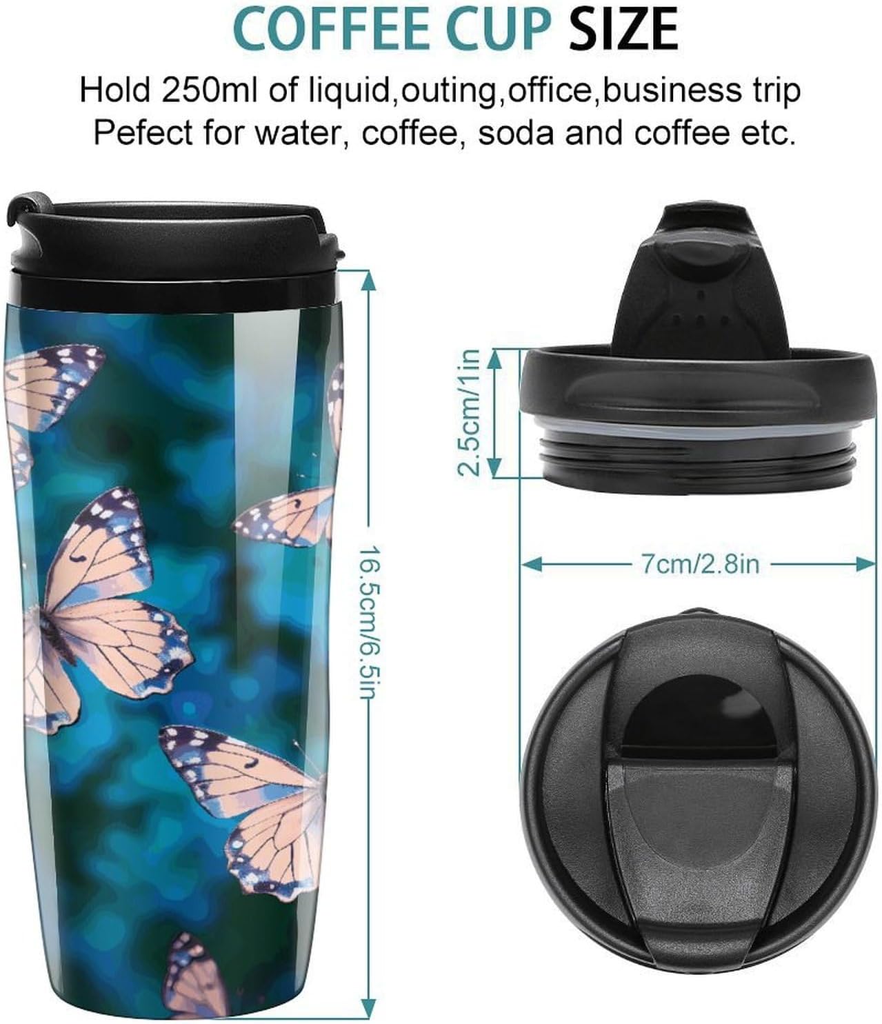 Cute Butterflies Coffee Cup Reusable Portable Water Bottle with Double-Walled Plastic,Coffee Mug for Hot & Cold Drinks, Cup Holder Friendly 350ml