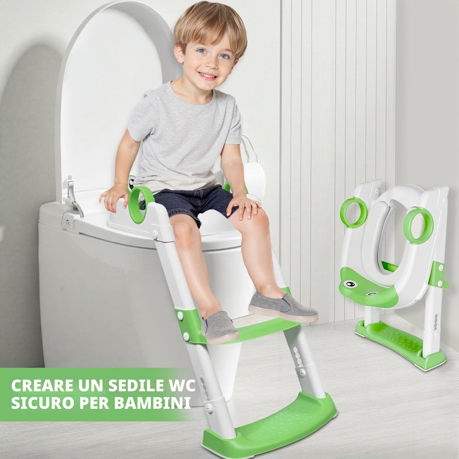 Riduttore WC Bambini,Sedile Wc per Bambini,Scaletta Wc per Bambini Pieghevole,Pieghevole Regolabile in Altezza, con PVC Morbida Seduta Imbottita, pedana antiscivolo anti-spruzzo,per V,U,O