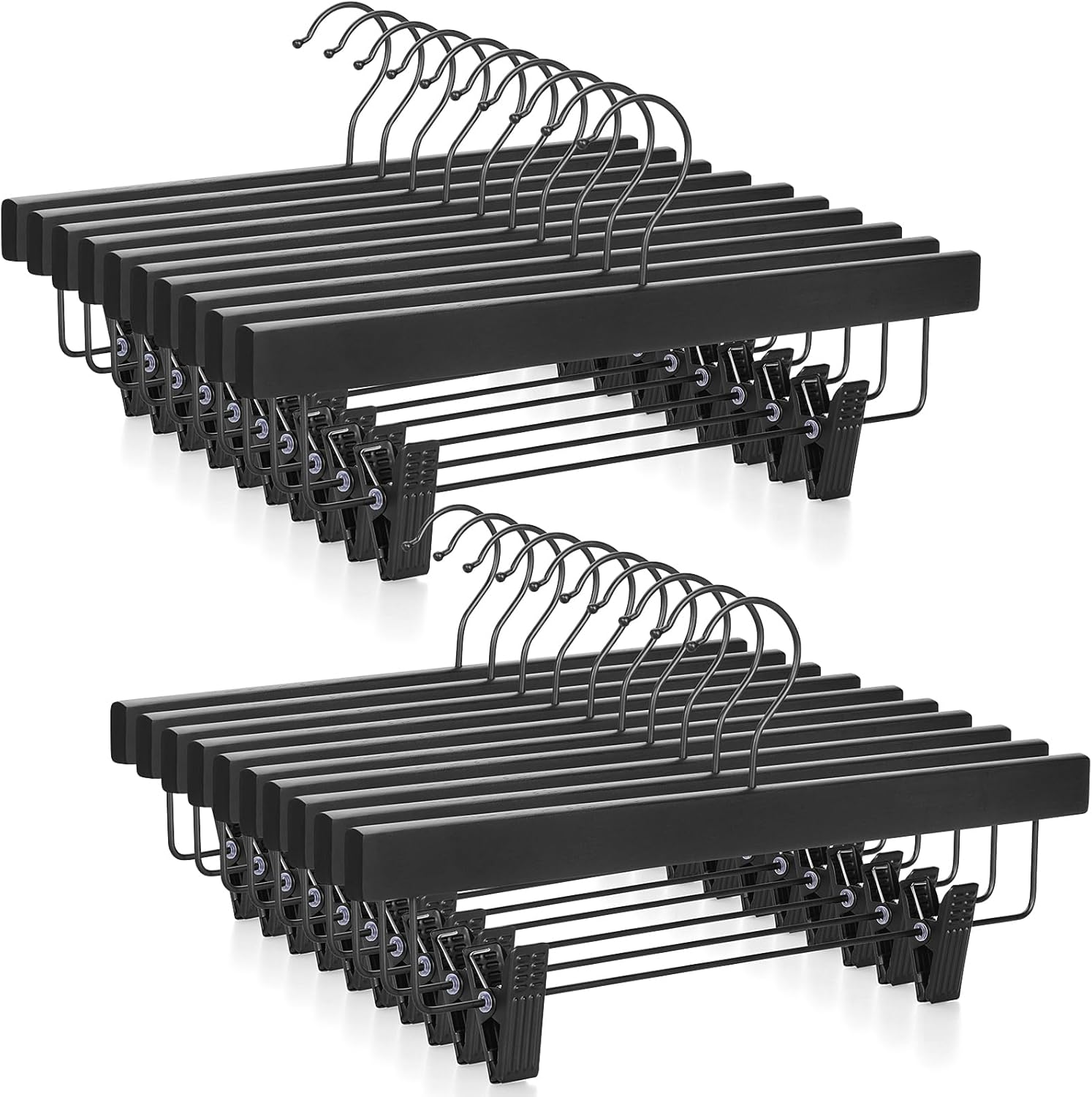 TOPIA HANGER Wooden Pants Hangers 20 Pack, Black Skirt Hanger with Clips and Rotatable Hook, Durable Rubber Wood Hangers for Skirts, Pants, Jeans, Shorts - CTS05B