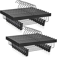 Vista 10 de TOPIA HANGER Perchas para pantalones, paquete de 10 perchas de bambú con clips negros y gancho giratorio, perchas duraderas de madera natural