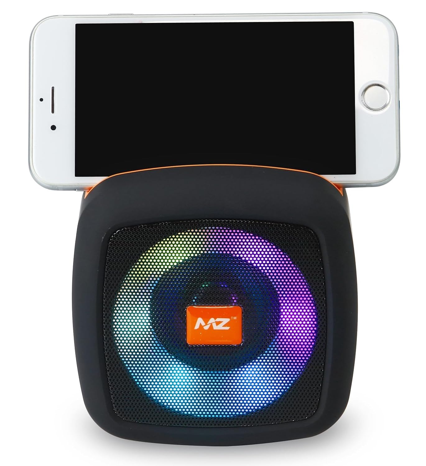 MZ M13VP speaker with a smartphone resting on top, showing the control panel