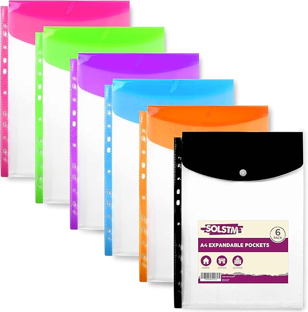 SOLSTM Expandable Punched Pockets A4 - Popper Wallets for Ring Binders & Folders, Clear Plastic Wallets in Assorted Colours To Keep Files Organised For Home, Office & School (A4, Portrait) - Pack of 6