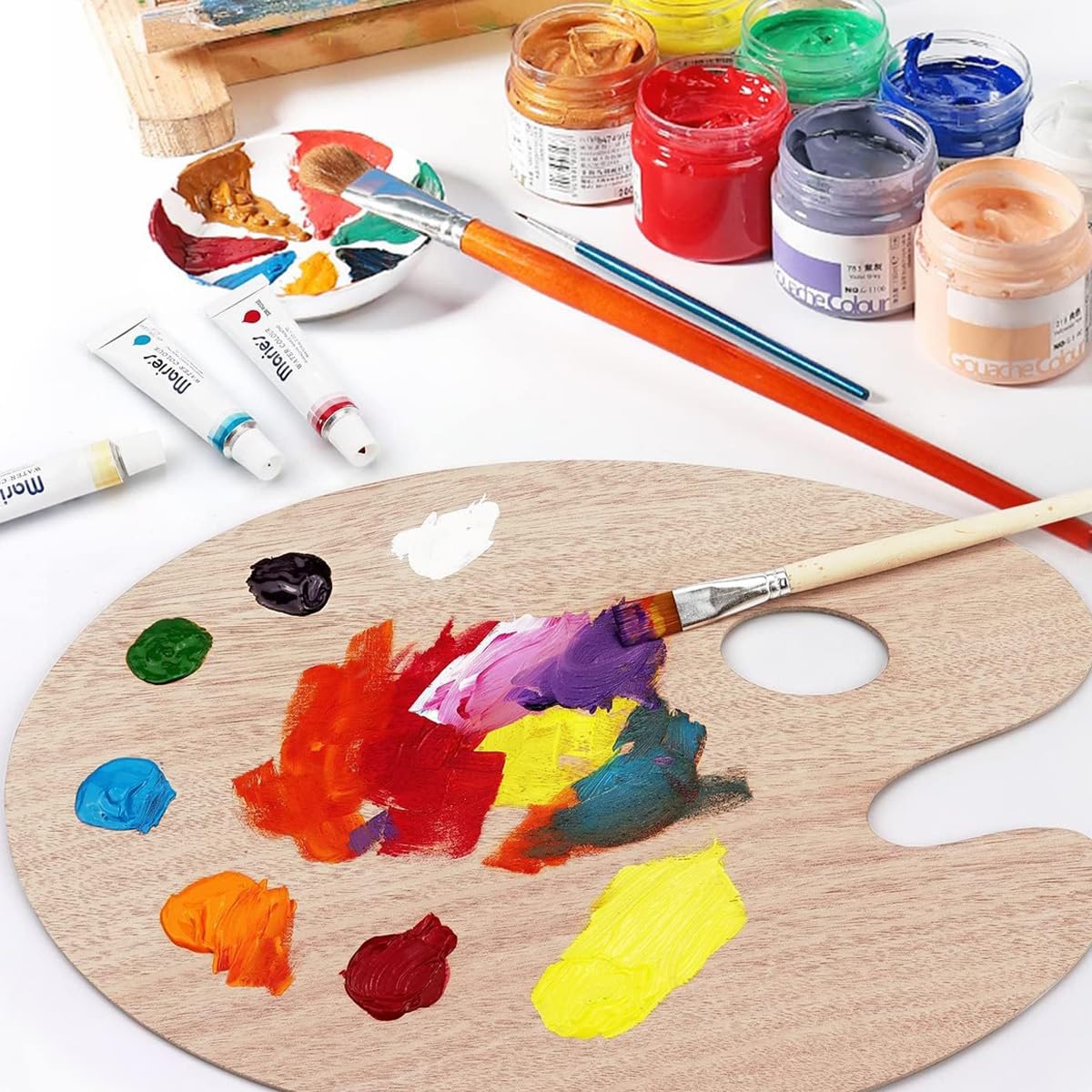 Lot de 12 palettes de peinture acrylique ovales en bois de 30 x 20 cm avec trou pour le pouce - Palette de peinture transparente - Facile à nettoyer - Anti-adhésive - Pour peinture à l'huile,