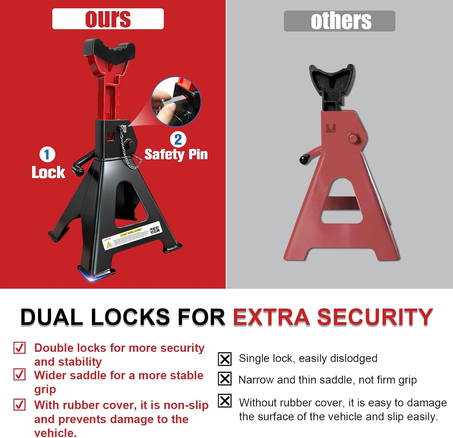 6 Ton Jack Stands (13,200Lbs) - Heavy Duty Car Jack Stands with Double Pin Locking, Adjustable 15.6"-23.4" Height, Extra Rubber Pads for Trucks, Garage, Home,DIY Use - 1 Pair Black+Red