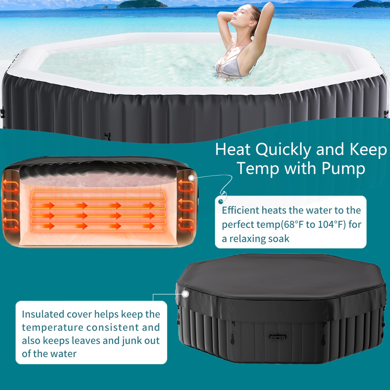 Inflable Tubo caliente 2-4 personas Ø 180 x 63.5 cm 2400W Bañera Inflable Tub con Bocas de aire, Tapa Aislada, Alfombra y Bomba De Calefacción Interior Exterior Spa Piscina Círculo (Negro