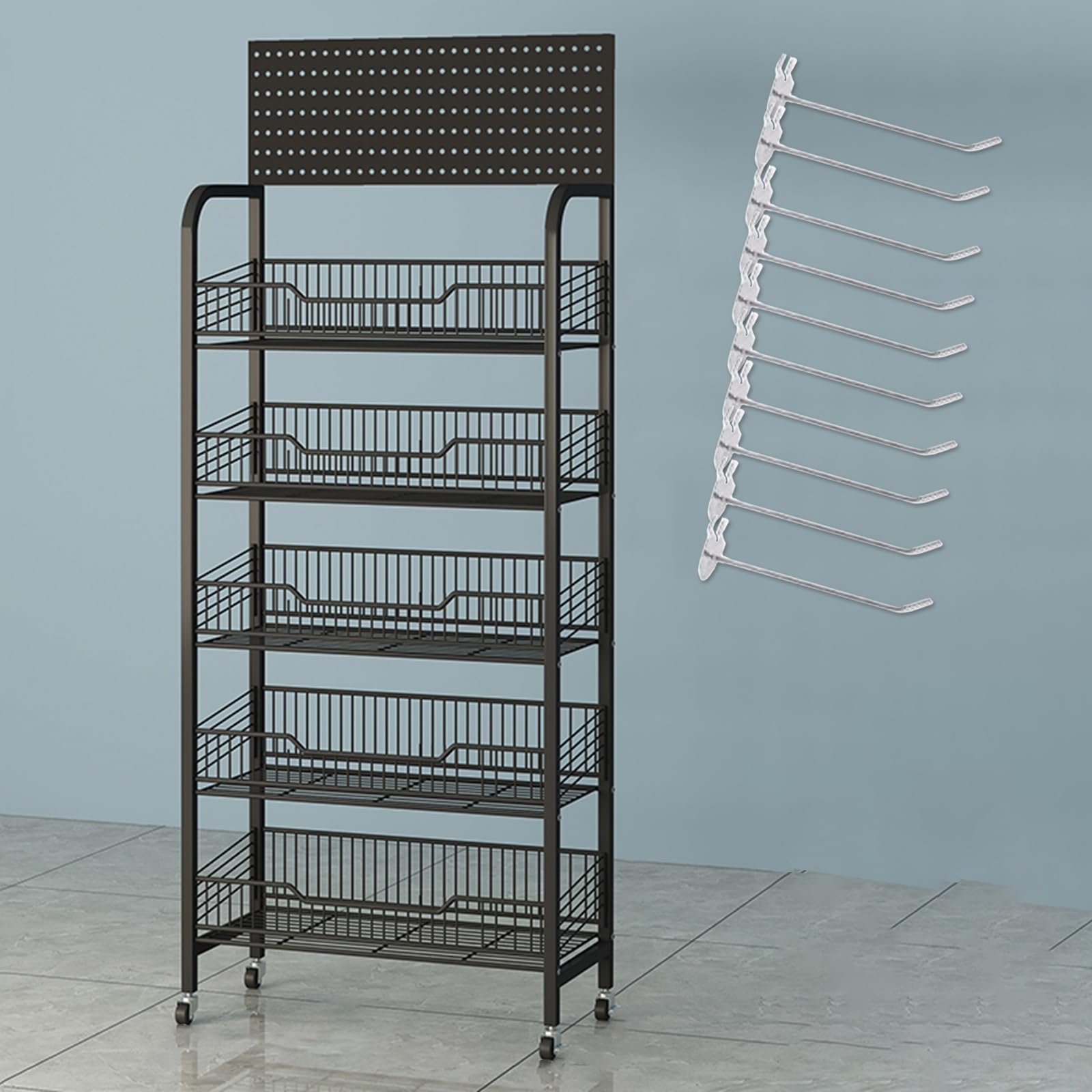 METTEOR Supermarket Shelf Display Rack with Hanging Hook, Rolling Convenience Store Snacks Organizer Cart for Candy/Canned Food/Potato Chips/Drinks,Merchandise Display Shelves(White,4 tie (Black 5
