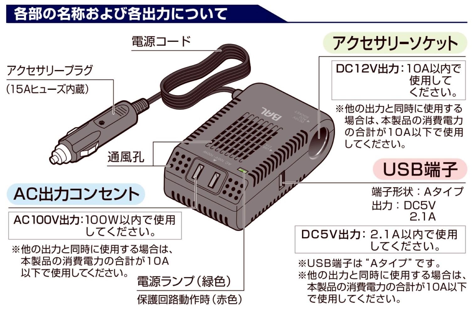 Amazon | BAL(大橋産業) 3WAYインバーター DC12V車専用 定格出力:100W