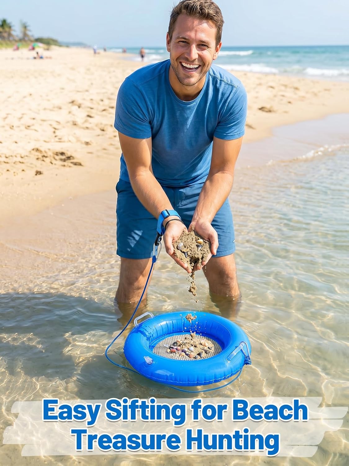 Biggun Double Sifting Mesh Shark Tooth Sifter-Inflatable Floating Sand Sifter for The Beach with Comfortable Grip, Shelling Tools Beach Must Haves 2026 for Treasure Hunting & Shark Teeth, Blue thumbnail