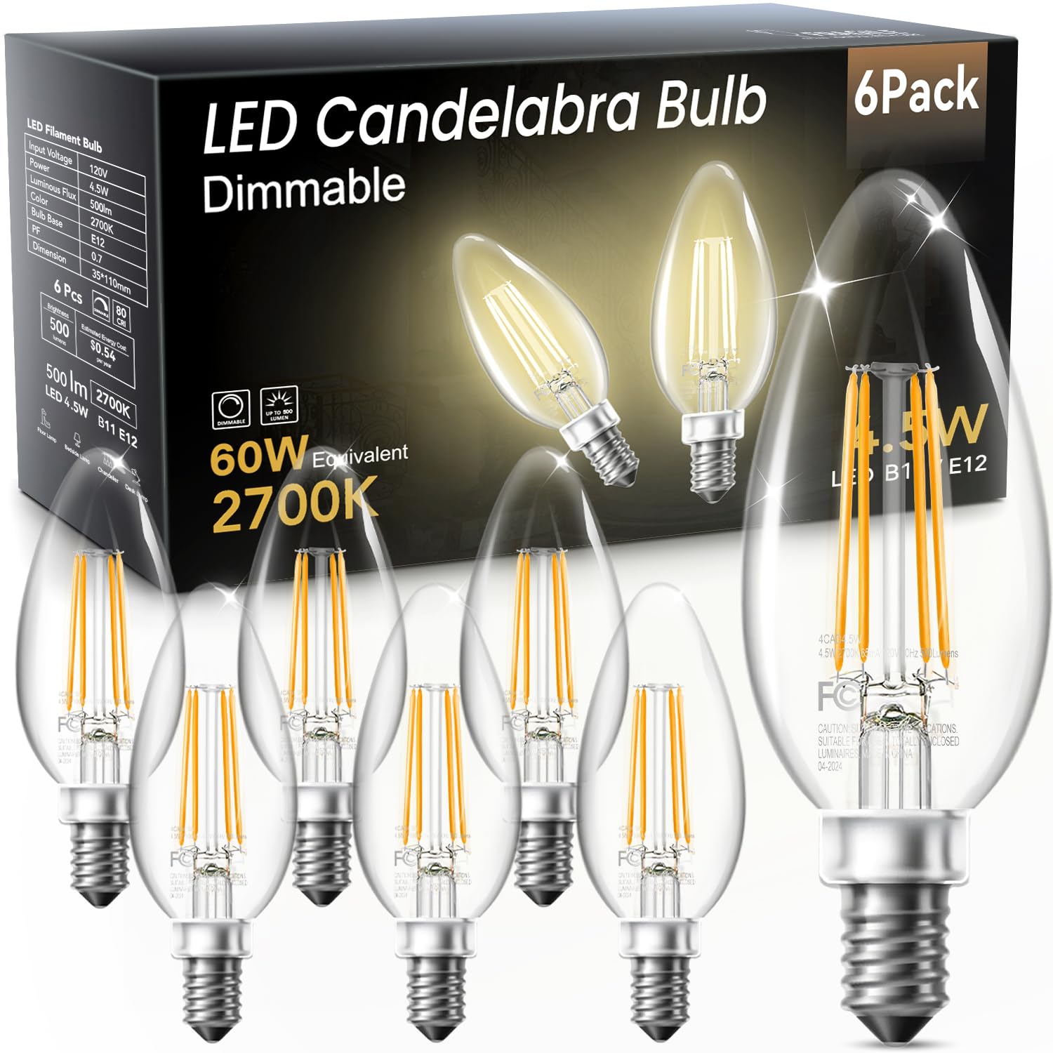 TJOY LED Candelabra Bulbs Dimmable, 60W Equivalent Chandelier Light Bulb, E12 Small Base, 4.5W 2700K Soft Warm White, B11 Vintage Filament Clear Glass