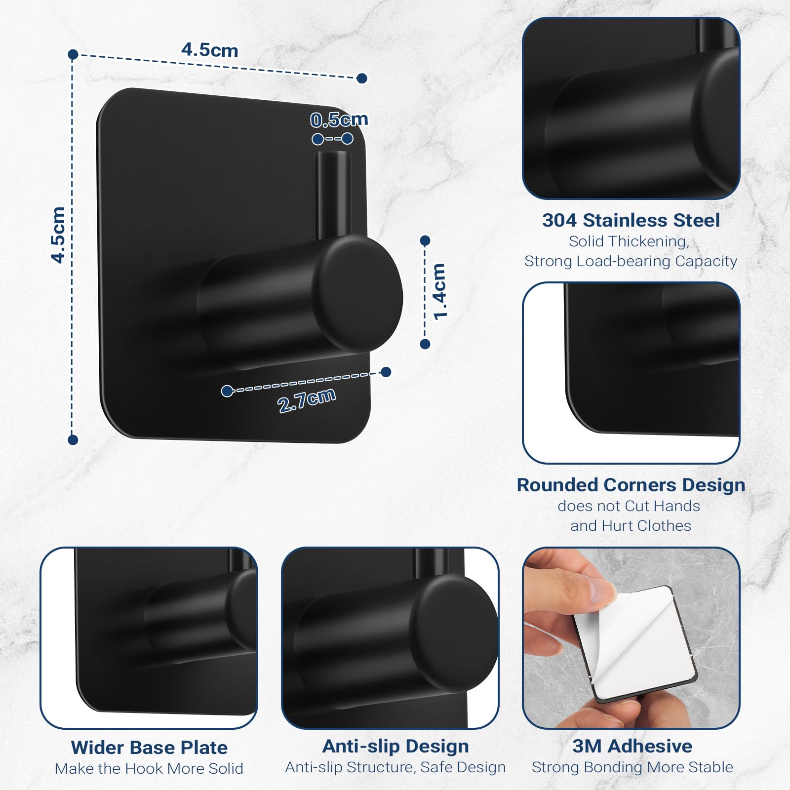6 Ganchos Adhesivos para Pared Colgadores Adhesivos sin Taladro de Acero Inoxidable 304 con Soporte 10kg Adhesivo 3M Resistente al Agua y óxido para Baño Cocina y Sala Negro 4.5x4.5x2.7cm