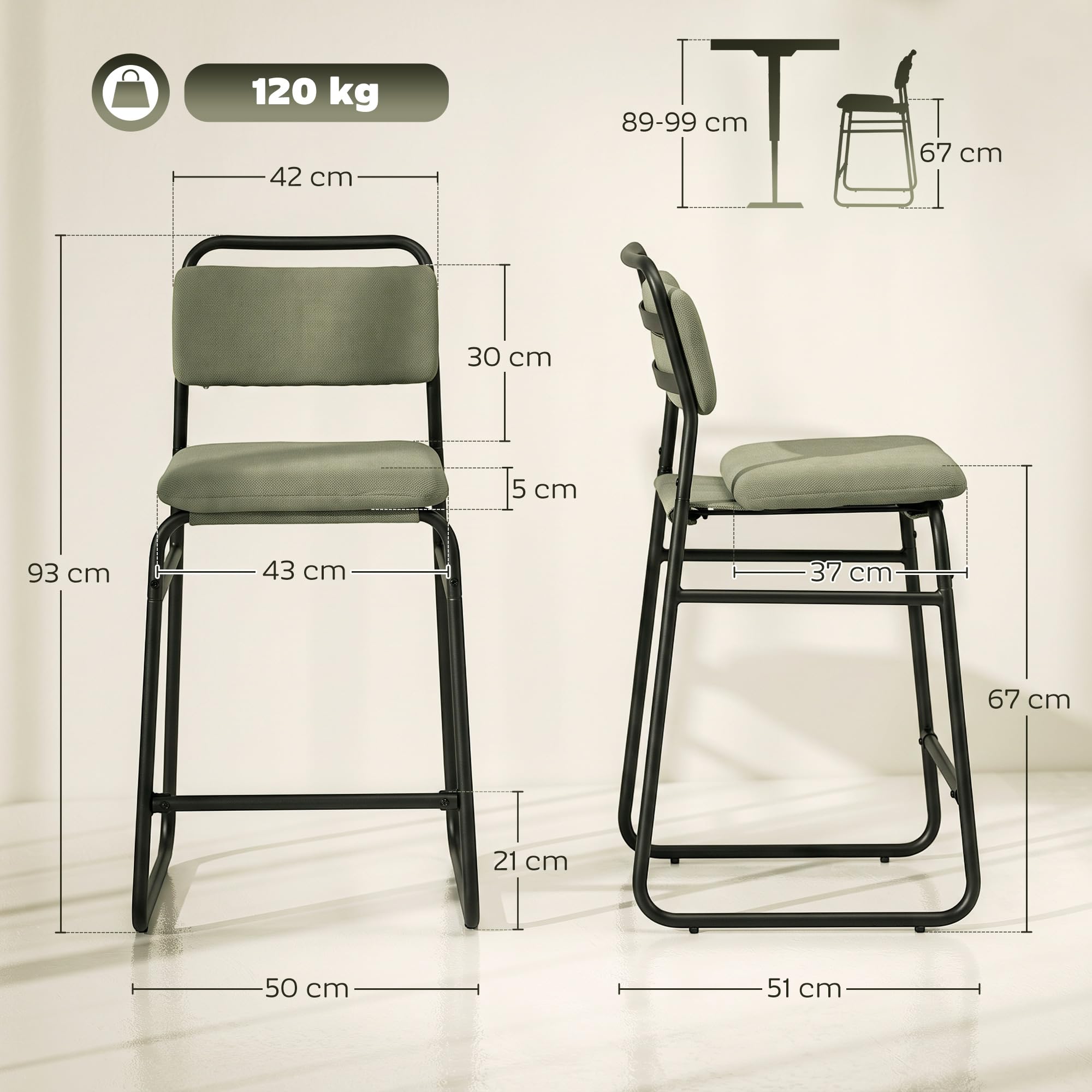 HOMCOM Lot de 2 Tabourets de Bar en Velours, Assise Rembourrée 67H cm, Vert