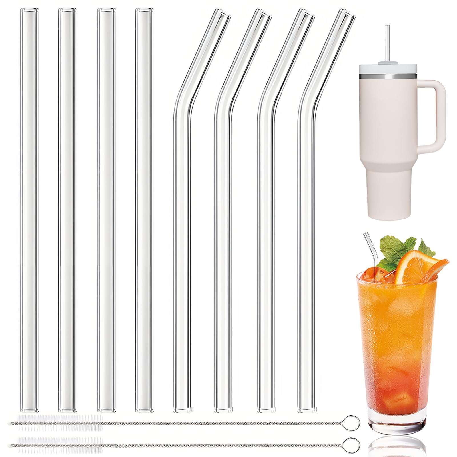 SI SEN Glasstrohhalme Set – 8 Stück (4 Gerade, 4 Gebogen) Mit Reinigungsbürste, Wiederverwendbar, BPA-frei