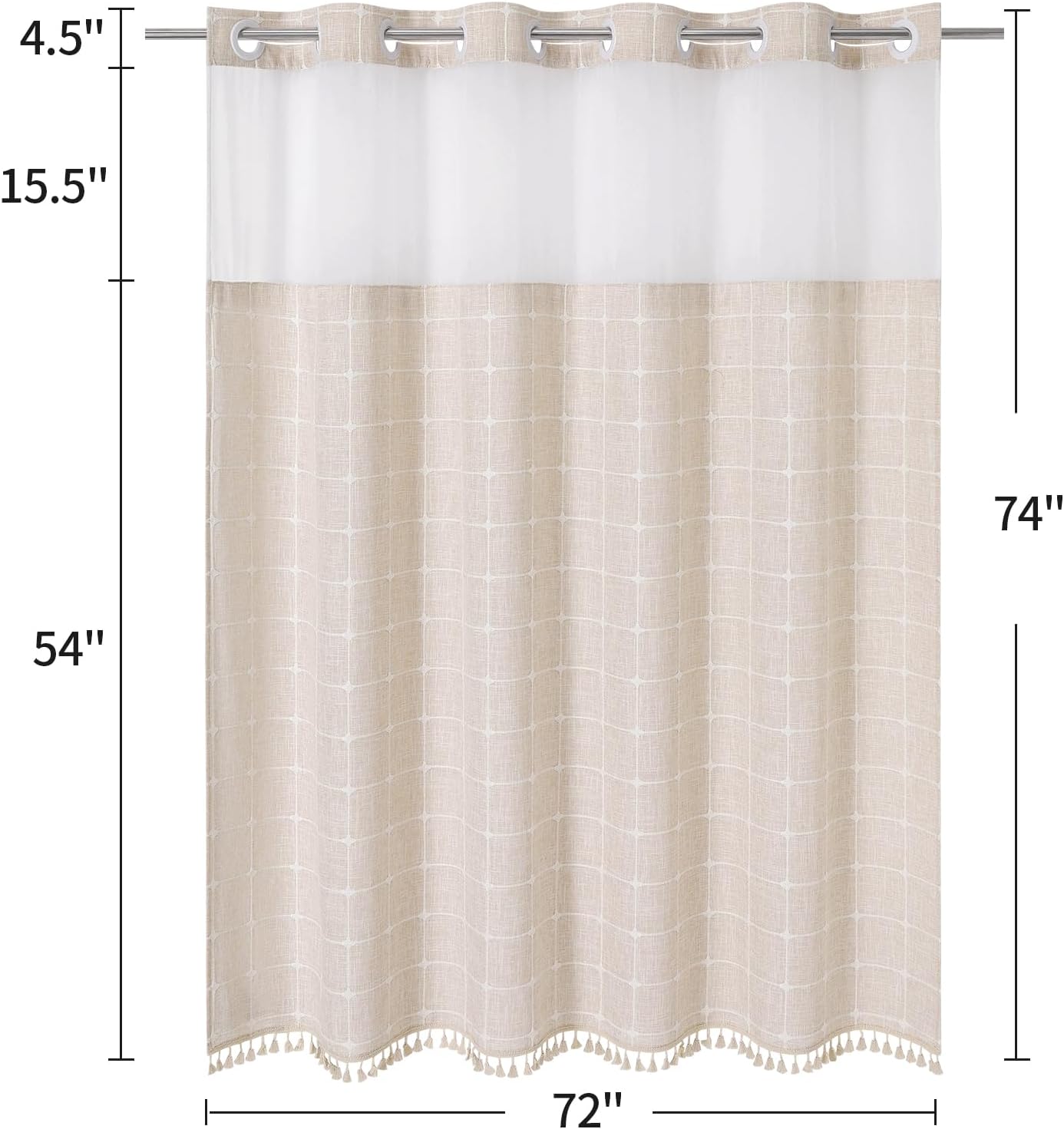 MitoVilla No Hooks Required Farmhouse Shower Curtain with Snap-in Liner - with Window & Magnets, Boho Cotton Linen Fabric Shower Curtains with Tassels for Rustic Bathroom Decor, Beige/Cream, 72 x 74
