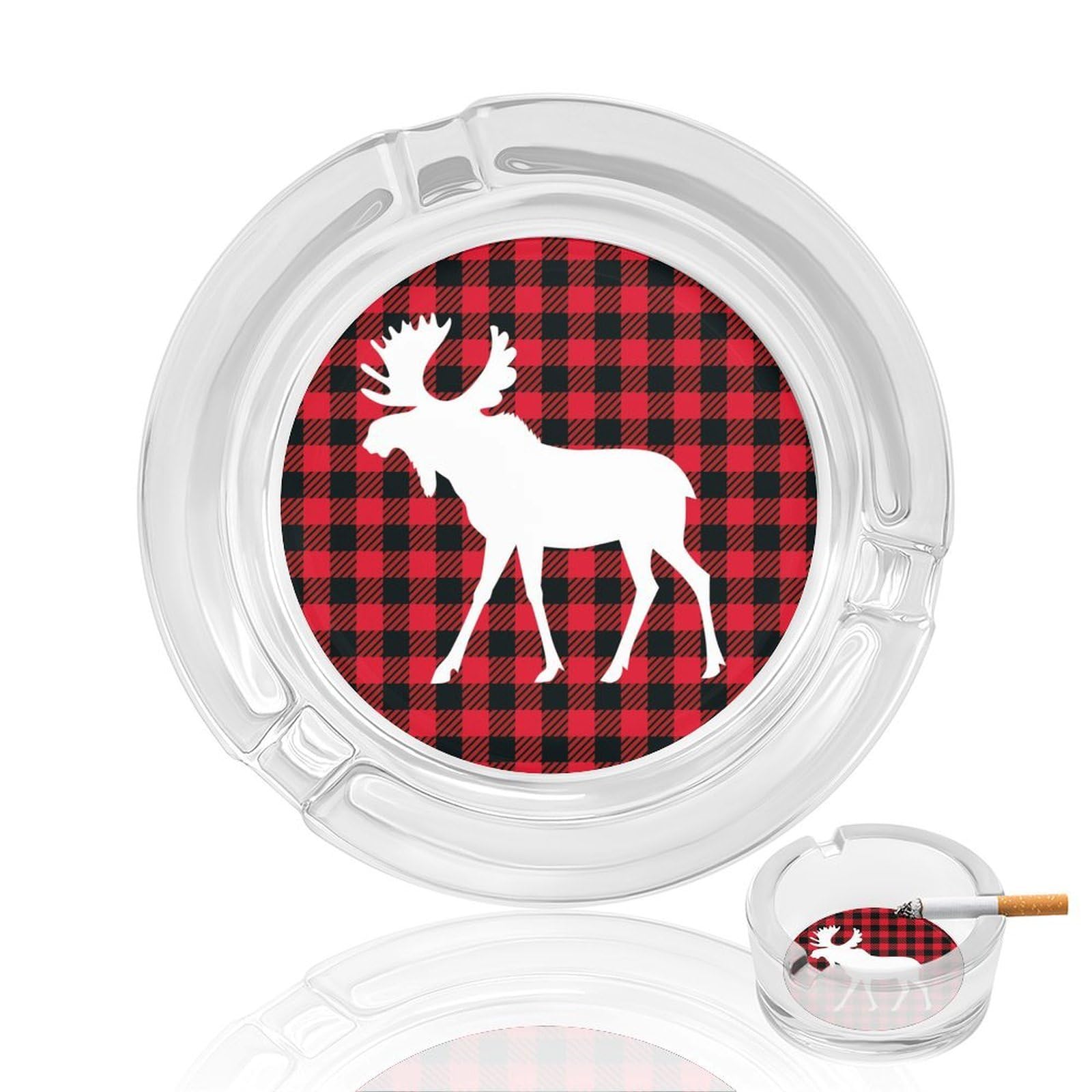 Moose Buffalo Plaid Ashtray Portable Round Glass Outdoor Ash Tray for Home Office Garden Pub