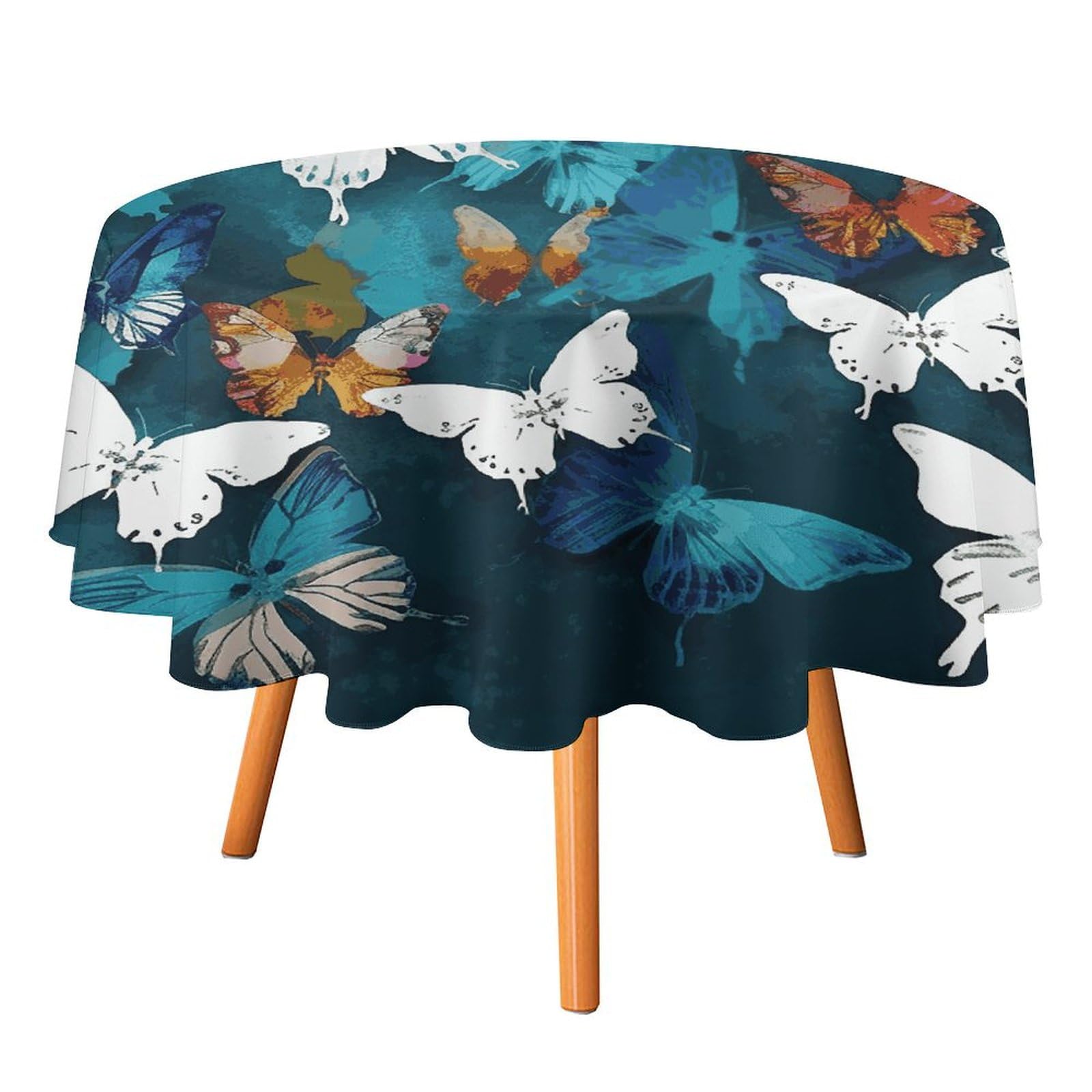 Nappe ronde papillons blancs en polyester imprimé résistante et lavable pour repas de fête