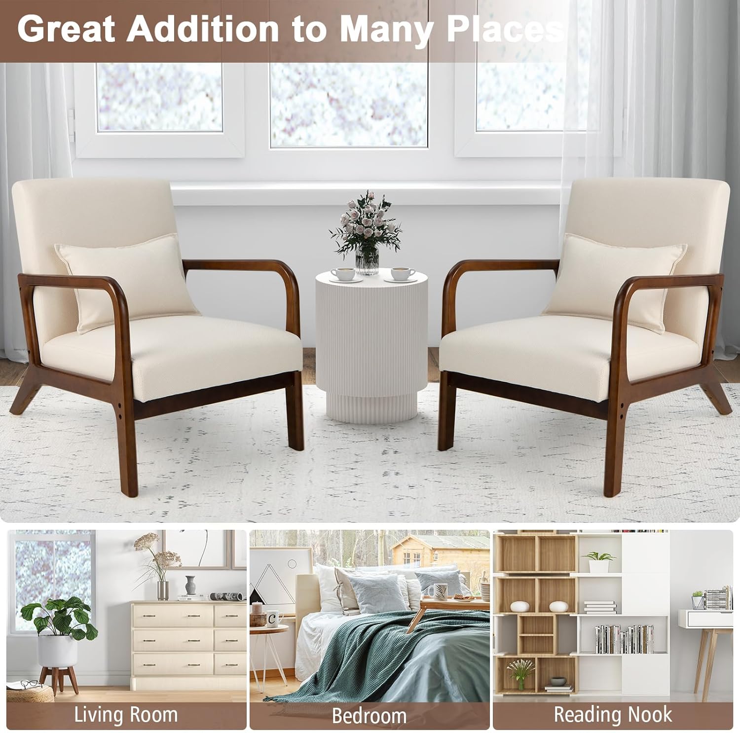 GORELAX Mid Century Modern Accent Chair, Upholstered Lounge Armchair with Wood Frame & Lumbar Pillow, Comfy Reading Chair for Living Room, Bedroom, Office (1, Beige)